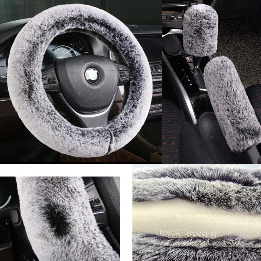 SHIAWASENA Warm Faux Wool Steering Wheel Cover Set - 3 Pcs (Purple & Black) with Handbrake Cover & Gear Shift Cover | Winter Car Accessories for Cold Weather Driving Comfort