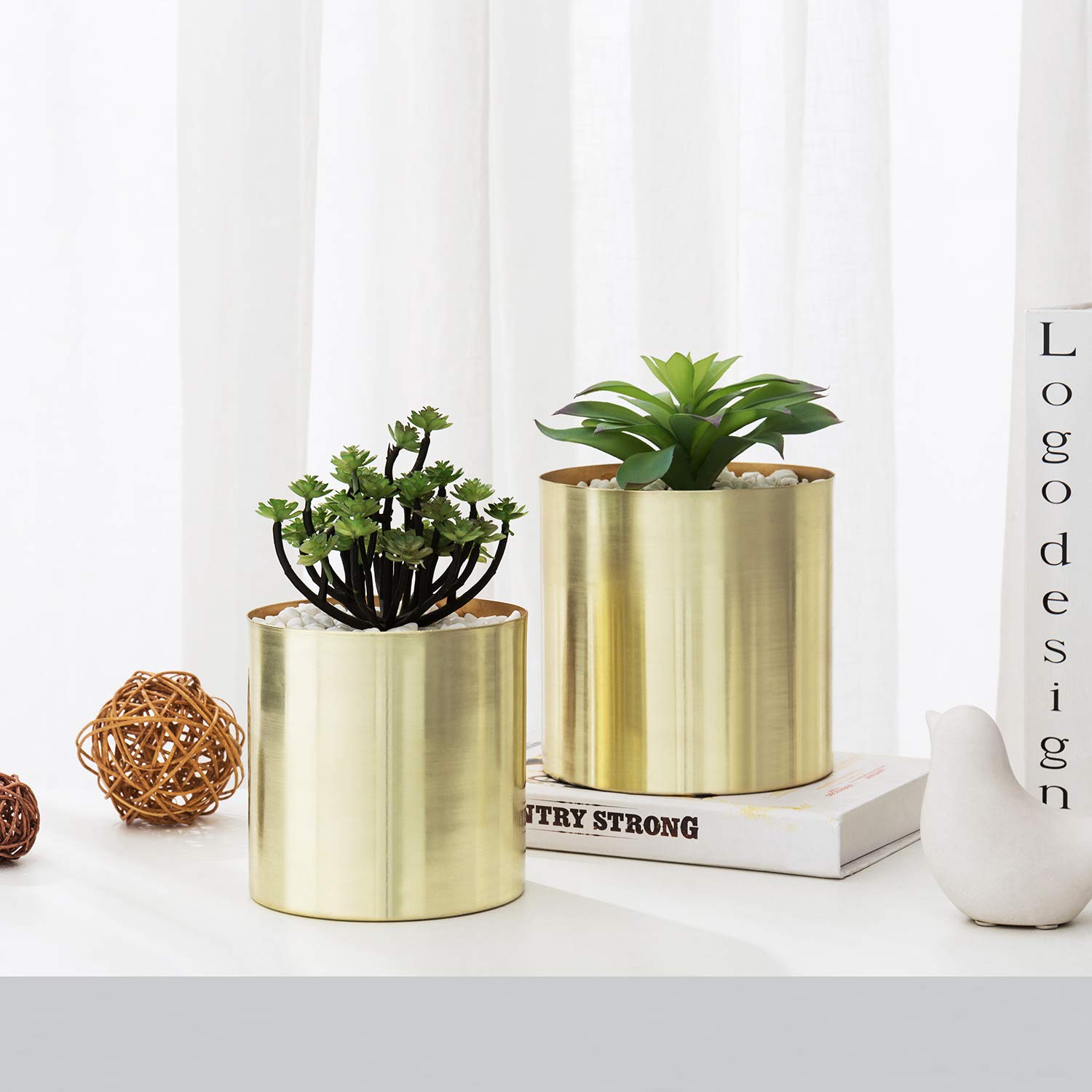 MyGift Modern Brushed Brass Plated Indoor Plant Pots - Set of 2 Cylindrical Metal Vases (5 & 6 Inch) - Handcrafted in India - Perfect for Home Decor, Office Plants & Succulent Arrangements