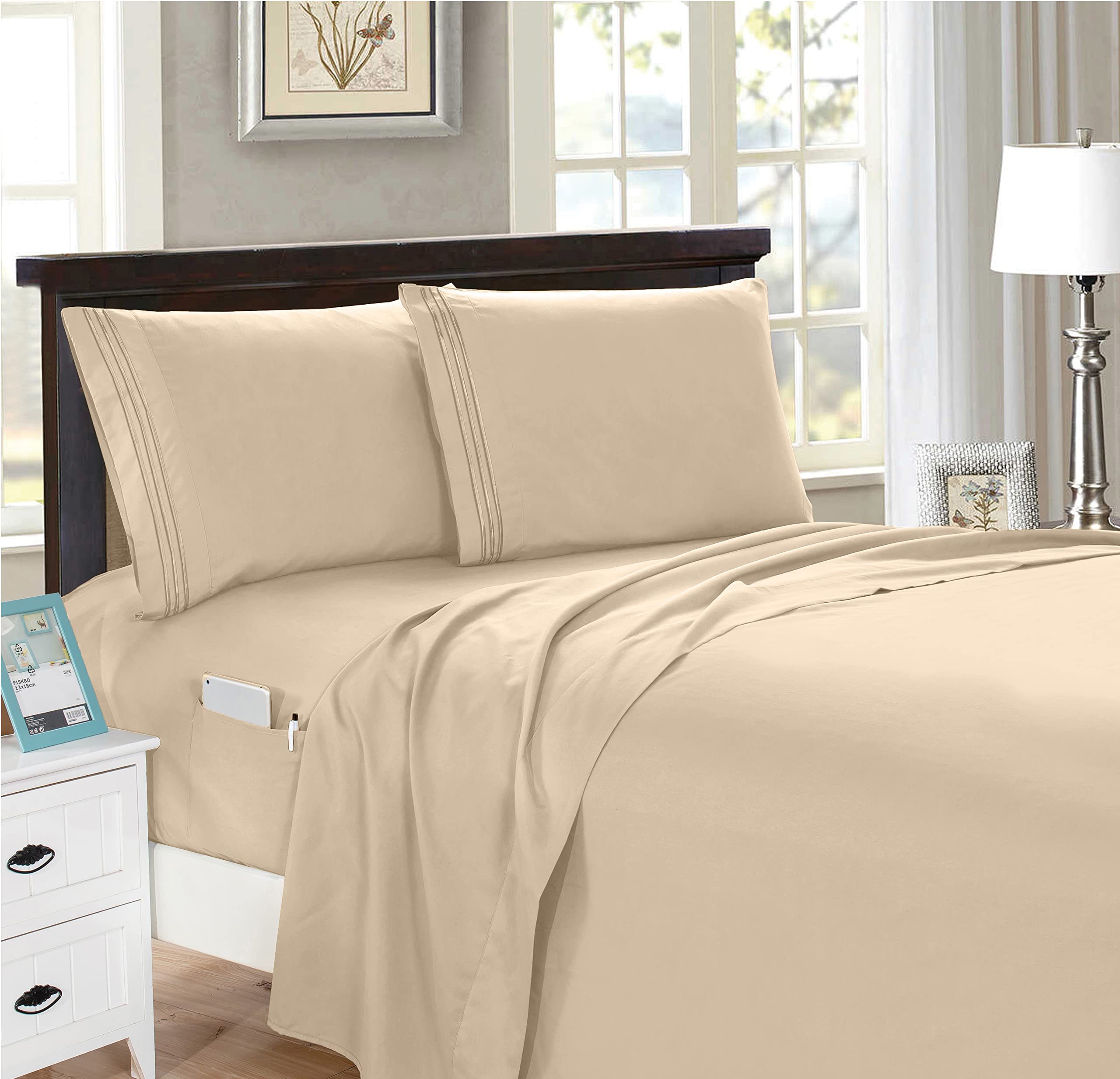 Luxury 1500 Thread Count Queen Sheet Set - 4-Piece Premium Soft Wrinkle & Fade Resistant Bedding with Side Pockets | Hotel Quality Comfort for Master Bedroom & Guest Room (Cream)
