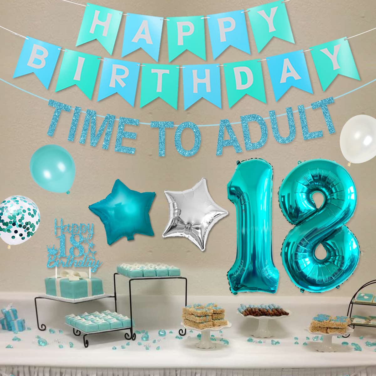 18th Birthday Decorations for Girls - Teal & Turquoise Party Supplies Set with Banner, Cake Topper, Fringe Curtain, Sash & Balloons | Perfect for Eighteenth Birthday Celebrations, Sweet 16 Parties & Adulting Theme Events