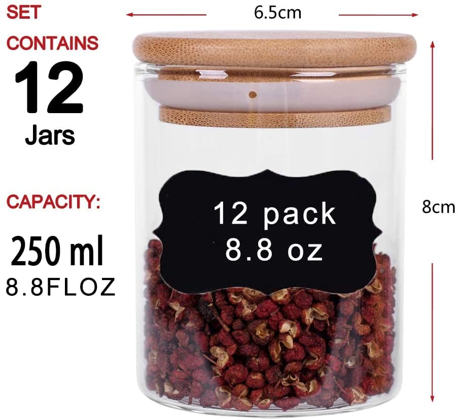 12-Piece Glass Spice Jars Set with Airtight Bamboo Lids & Labels - 250ml Kitchen Storage Containers for Herbs, Seasonings & Tea - Perfect for Pantry Organization & Home Cooking