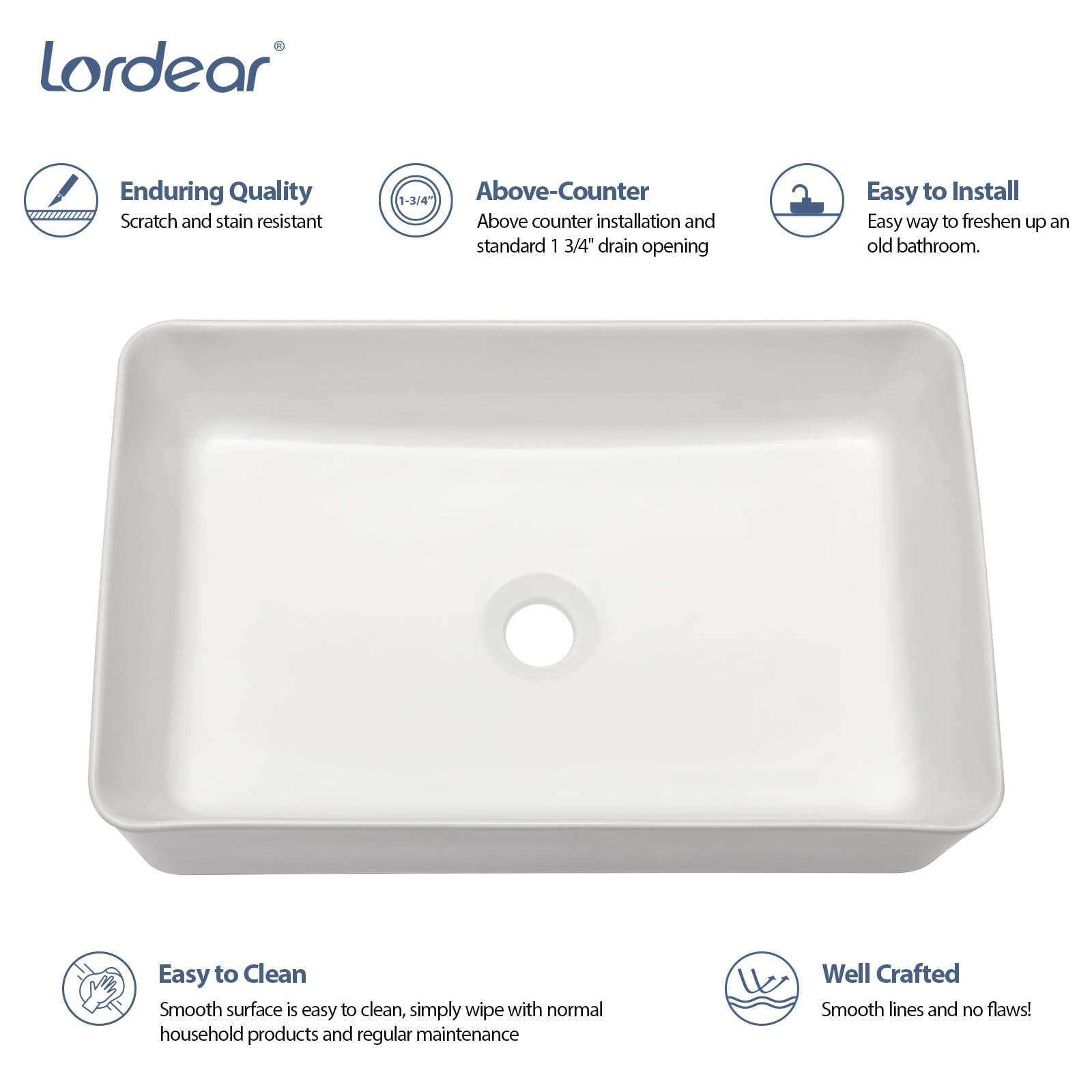 Lordear 21x14 Inch White Porcelain Rectangular Vessel Sink - Modern Above Counter Bathroom Vanity Sink for Contemporary Bathrooms & Powder Rooms