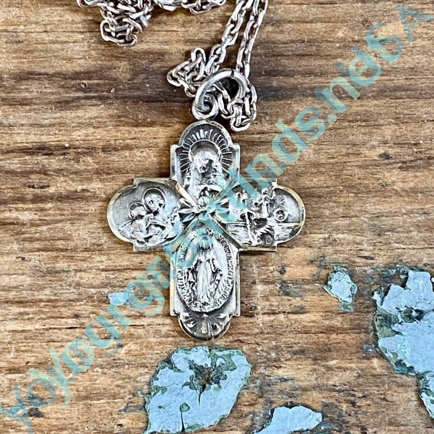 Vintage Sterling Silver Catholic 4-Way Cross Necklace for Women - Religious Jewelry Gift for Baptism, First Communion & Everyday Faith Wear