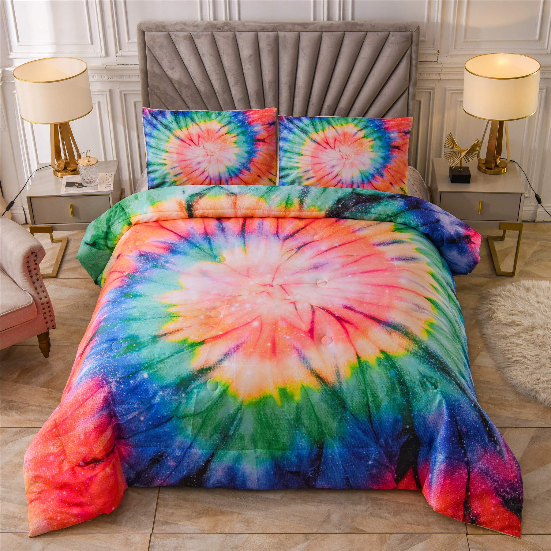 Tie Dye Galaxy Comforter Set - Psychedelic Swirl Boho Bedding for Boys & Girls, Twin Size (68x88 Inches), Beige - Perfect for Teen Rooms, Dorm Decor & Bohemian Style Bedrooms
