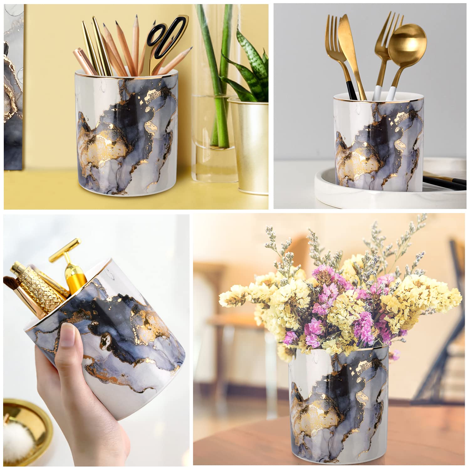 Waveyu Marble Ceramic Pencil Holder - Durable Desk Organizer for Office, Classroom & Home - Stylish Gray Gold Desktop Stationery Storage - Perfect for Pens, Markers & Office Supplies