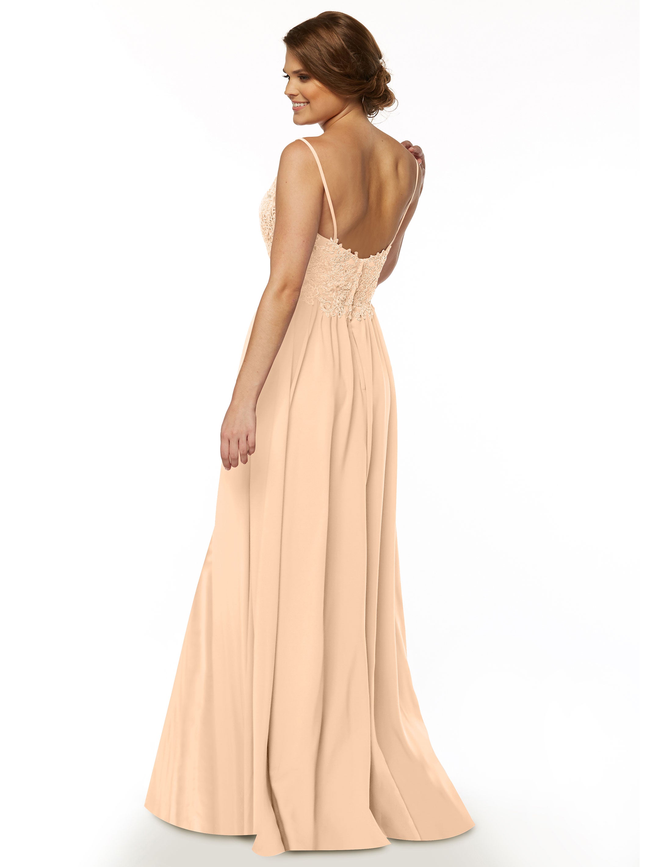 Elegant A-Line Stretch Chiffon Bridesmaid Dress with Lace Bodice & High Slit - Perfect for Weddings, Proms & Formal Events