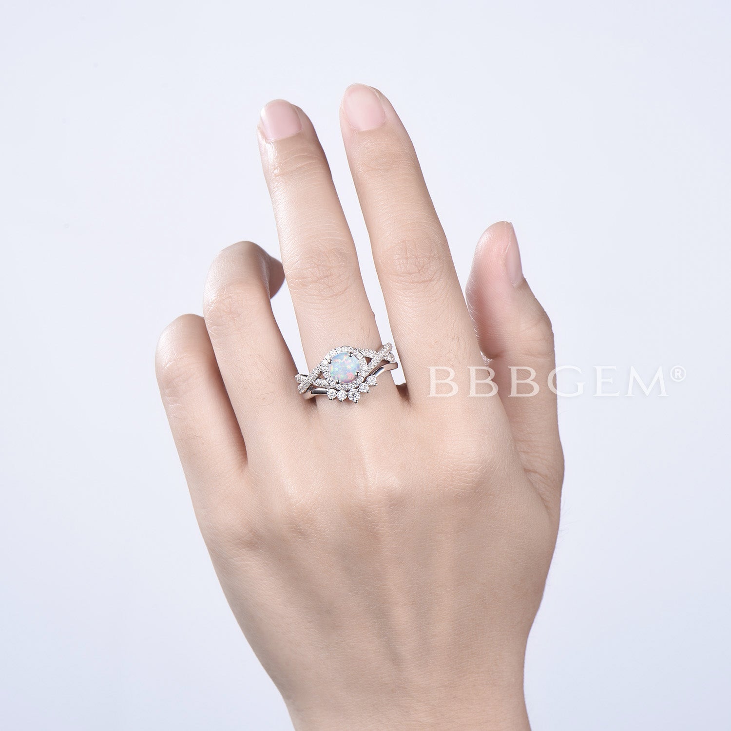 Vintage Opal Engagement Ring Set for Women - 14K White Gold Halo Diamond/Moissanite Wedding Band - Elegant Bridal Jewelry for Proposals, Anniversaries & Special Occasions