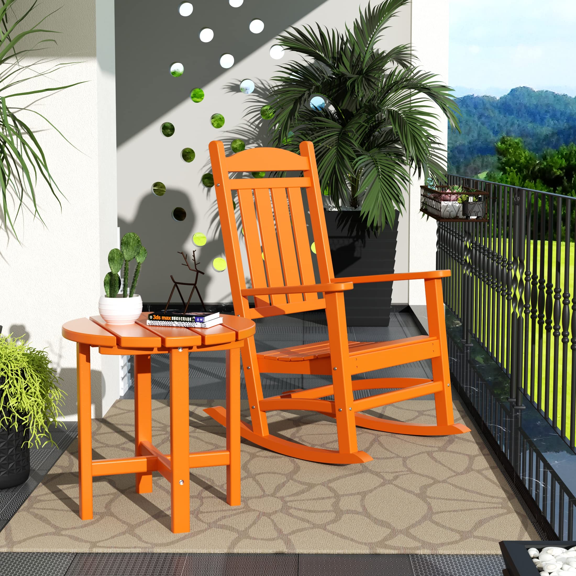 WO Home Furniture 2-Piece HDPE Outdoor Rocking Chair Set - Traditional Patio Rocking Chairs in Vibrant Orange | Perfect for Backyard, Garden & Porch Relaxation