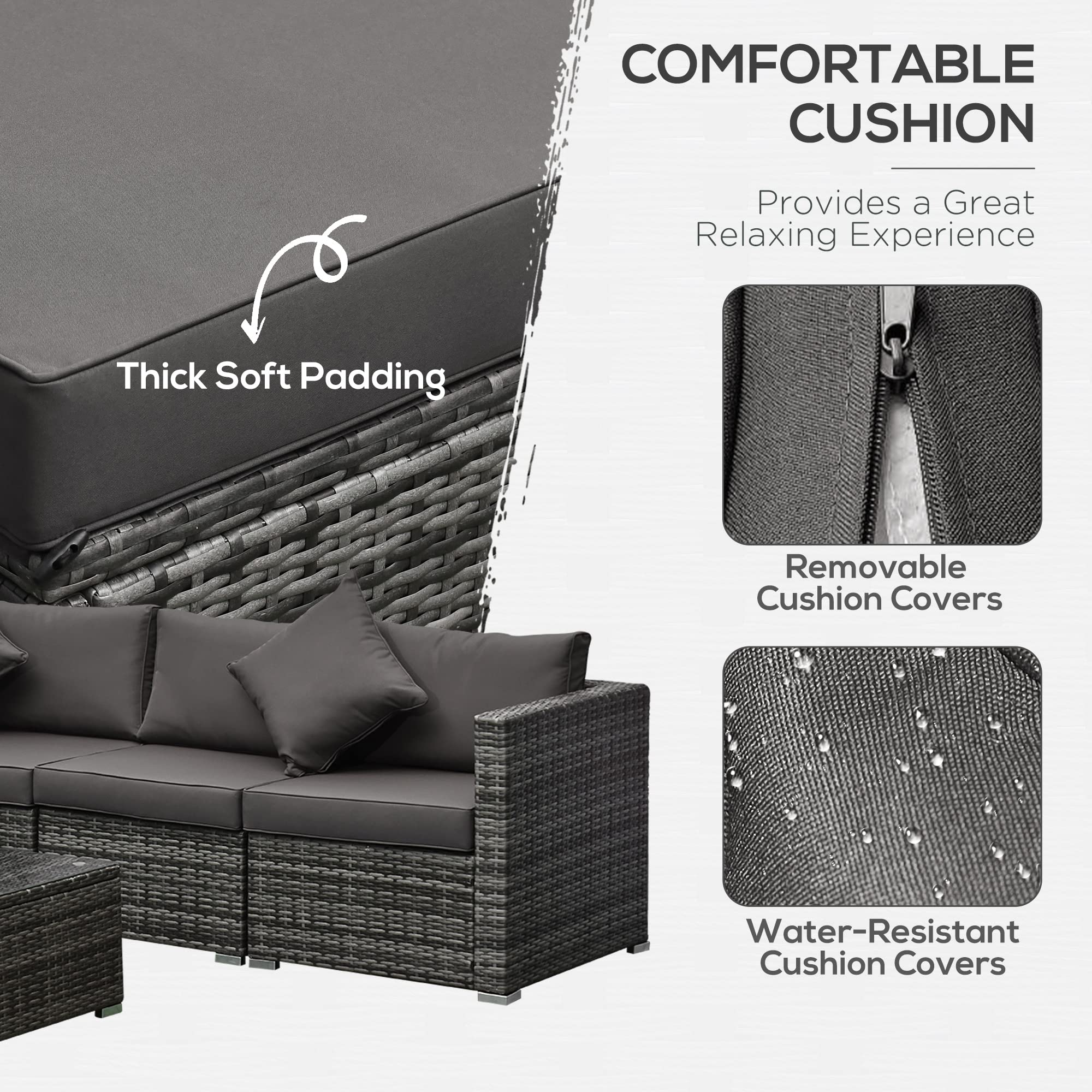 Outsunny 6-Piece All-Weather PE Rattan Patio Furniture Set - Outdoor Wicker Sectional Sofa with Ottoman, Cushions & Tempered Glass Table - Mixed Gray & Charcoal - Perfect for Backyard, Garden, and Poolside Relaxation