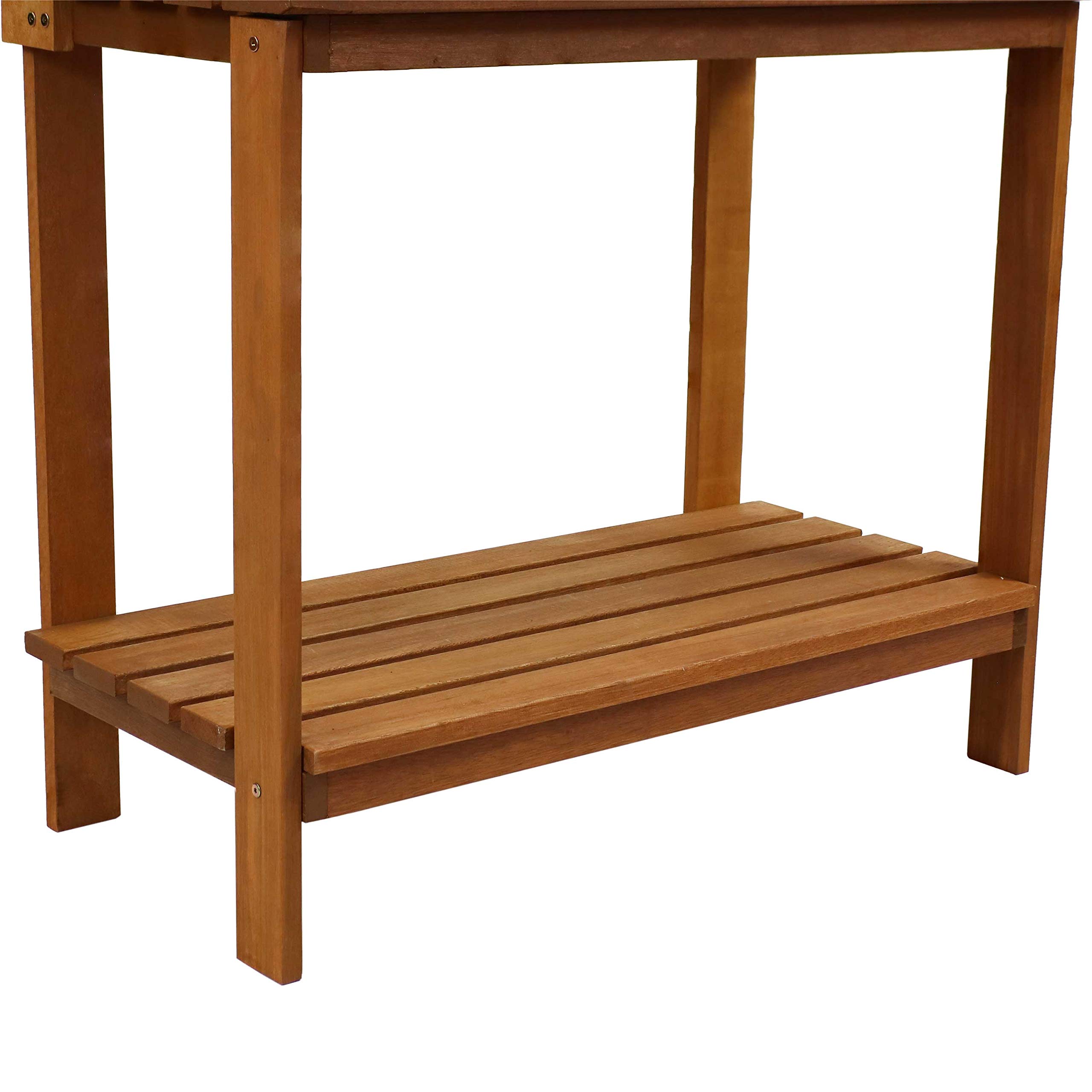 Sunnydaze 42-Inch Meranti Wood Outdoor Potting Bench with Storage Shelf - Durable Teak Oil Finish for Gardening & Plant Care - Perfect for Patio, Greenhouse & Backyard Use