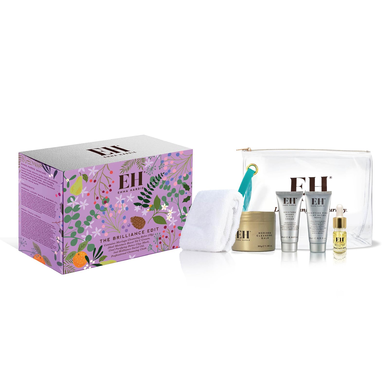 Emma Hardie Brilliance Holiday Gift Set - Moringa Cleansing Balm, Vitamin C Cream, Pink Clay Mask & Facial Oil with Reusable Cloths & Cosmetic Bag | Travel Size Skincare Set for Gifting, Spa Days & On-the-Go Beauty Routine