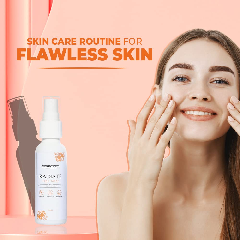 Berkowits Hair & Skin Clinics Radiate Face Toner with Niacinamide, Glycerin & Alpha Arbutin for Men & Women | 50ml | Brightening, Hydrating & Even Skin Tone | Perfect for Daily Skincare Routine & Post-Shave Soothing