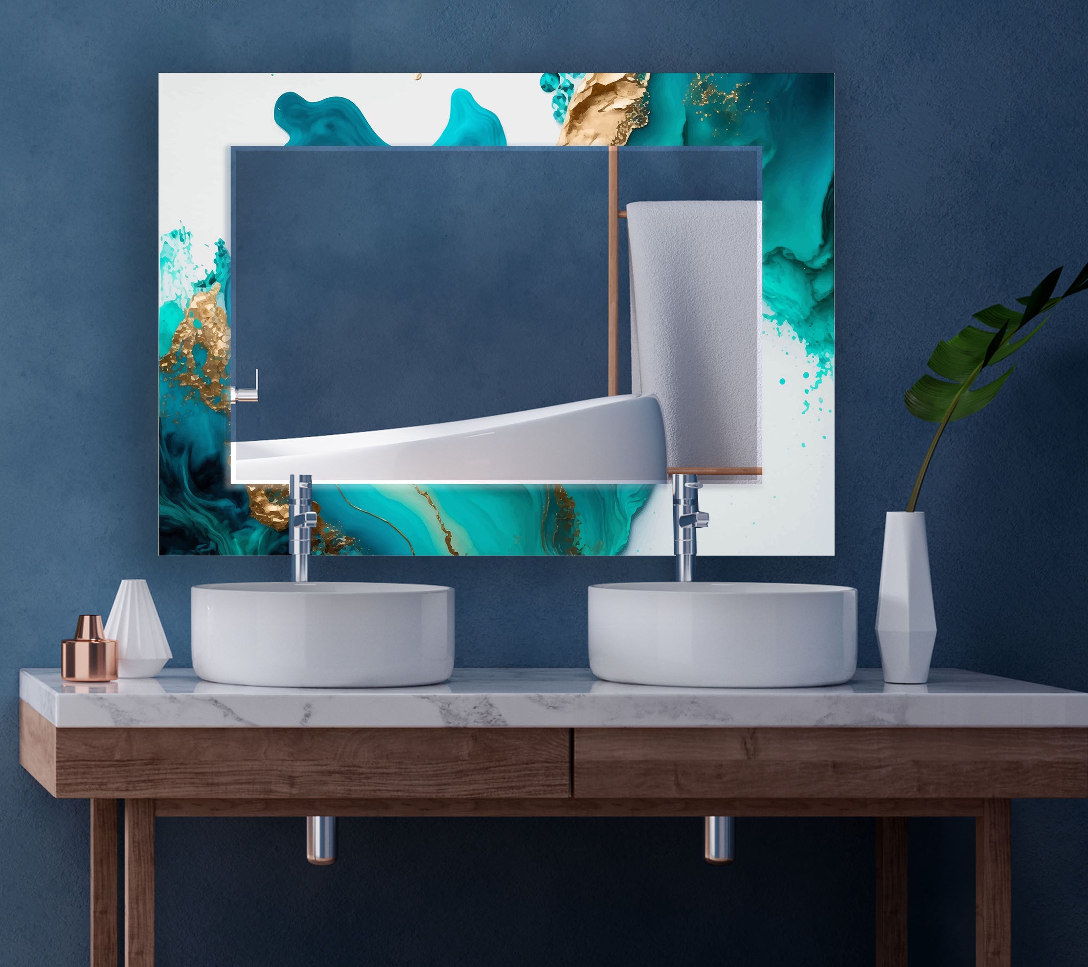 Aqua Marble Glass Wall Mirror with Turquoise Abstract Frame - Elegant Bathroom & Bedroom Decor for Modern Homes