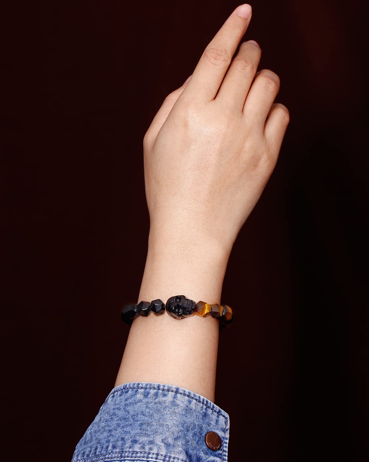 Jewever Tiger Eye & Black Obsidian Skull Bracelet - 10mm Healing Stone Beads for Women & Men - Energy Balancing, Chakra Protection - Perfect for Meditation, Yoga & Spiritual Healing