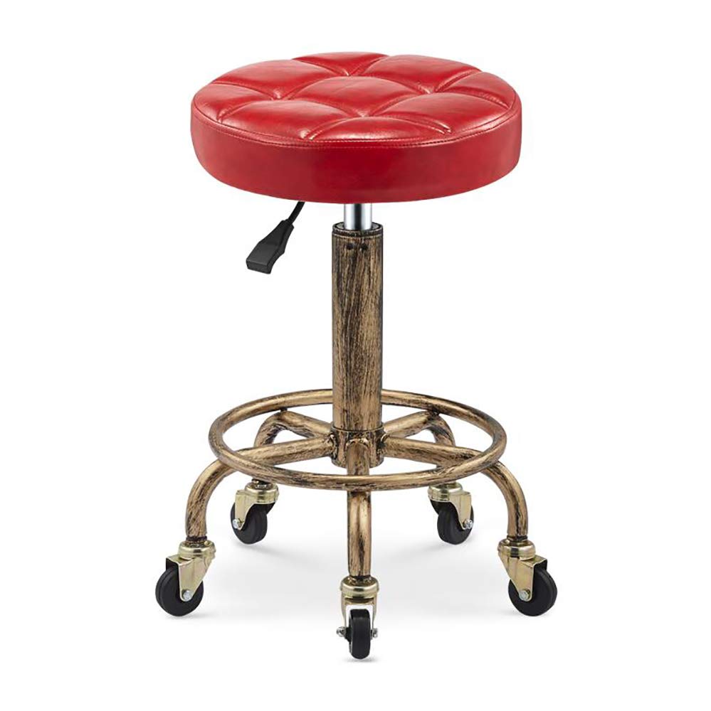 Adjustable Rolling Reception Desk Chair with Wheels & Backrest - Tall Workbench Stool with Footrest for Shop, Pedicure, Tattoo Studio, Office & Salon (Black-Red) - Perfect for Reception Areas, Beauty Salons & Professional Workstations