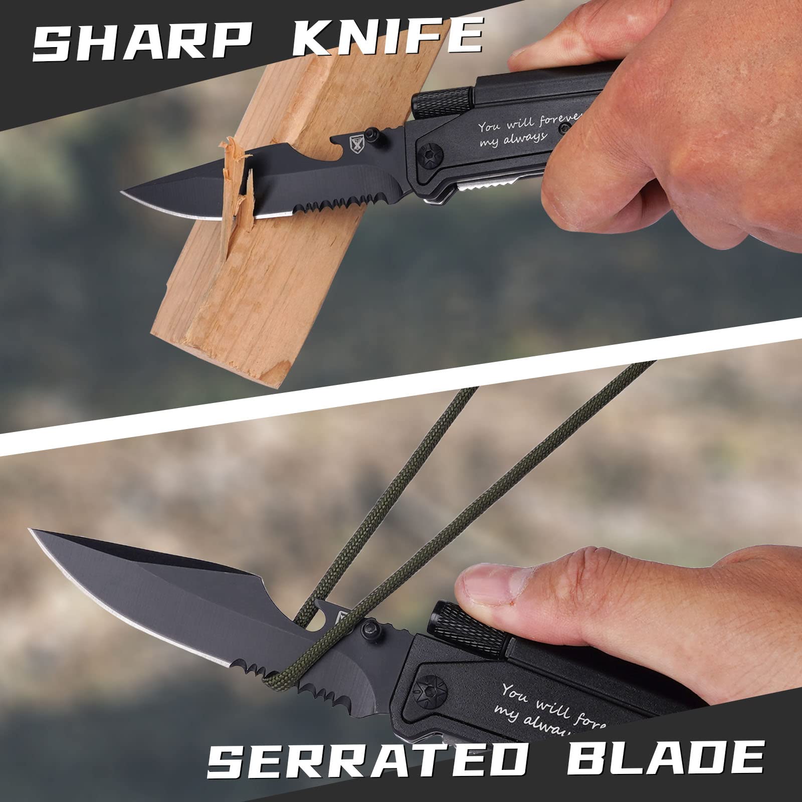 Engraved 7-in-1 Multitool Pocket Knife for Men - Camping, Hiking & Survival Gear with LED Light - Perfect Anniversary, Birthday Gift for Husband, Boyfriend - Comes in Elegant Wood Gift Box