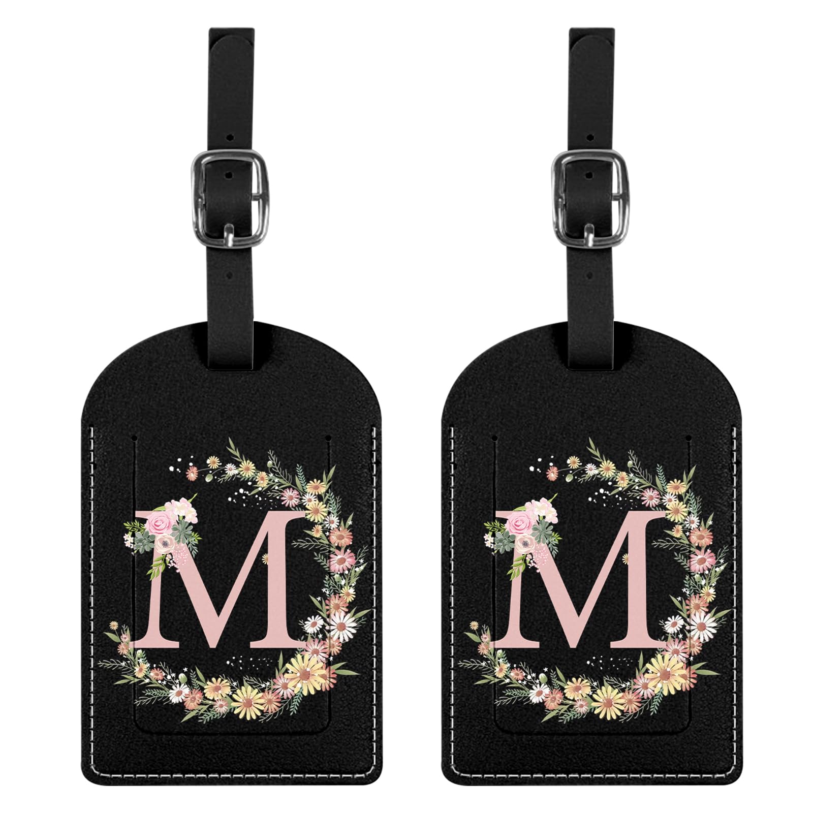 2 Pack Personalized PU Leather Luggage Tags with Floral Design - Monogram Initial Letter M - Cute Aesthetic Suitcase Tags for Women & Girls - Perfect for Travel, Vacation & Airports