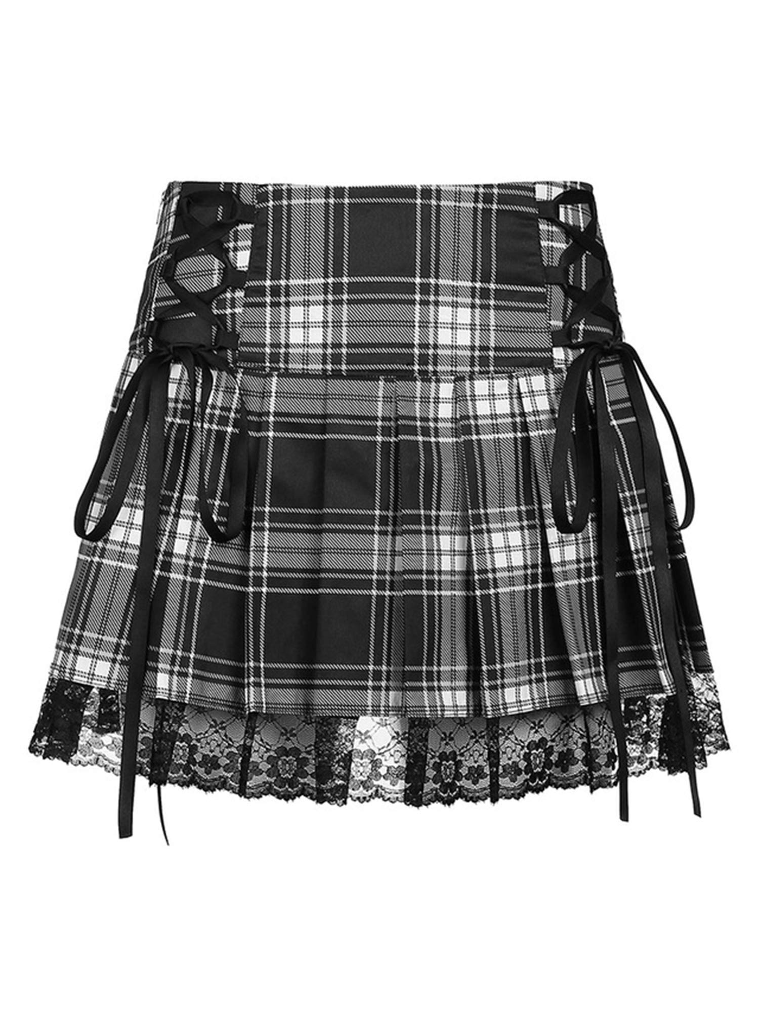Y2K Women's Lace Patchwork Mini Pleated Skirt - High Waist Lace-Up Ruffle Short Skirt, Harajuku Goth Style (Black Plaid, Size S) | Perfect for Streetwear, Cosplay & Alternative Fashion Outfits