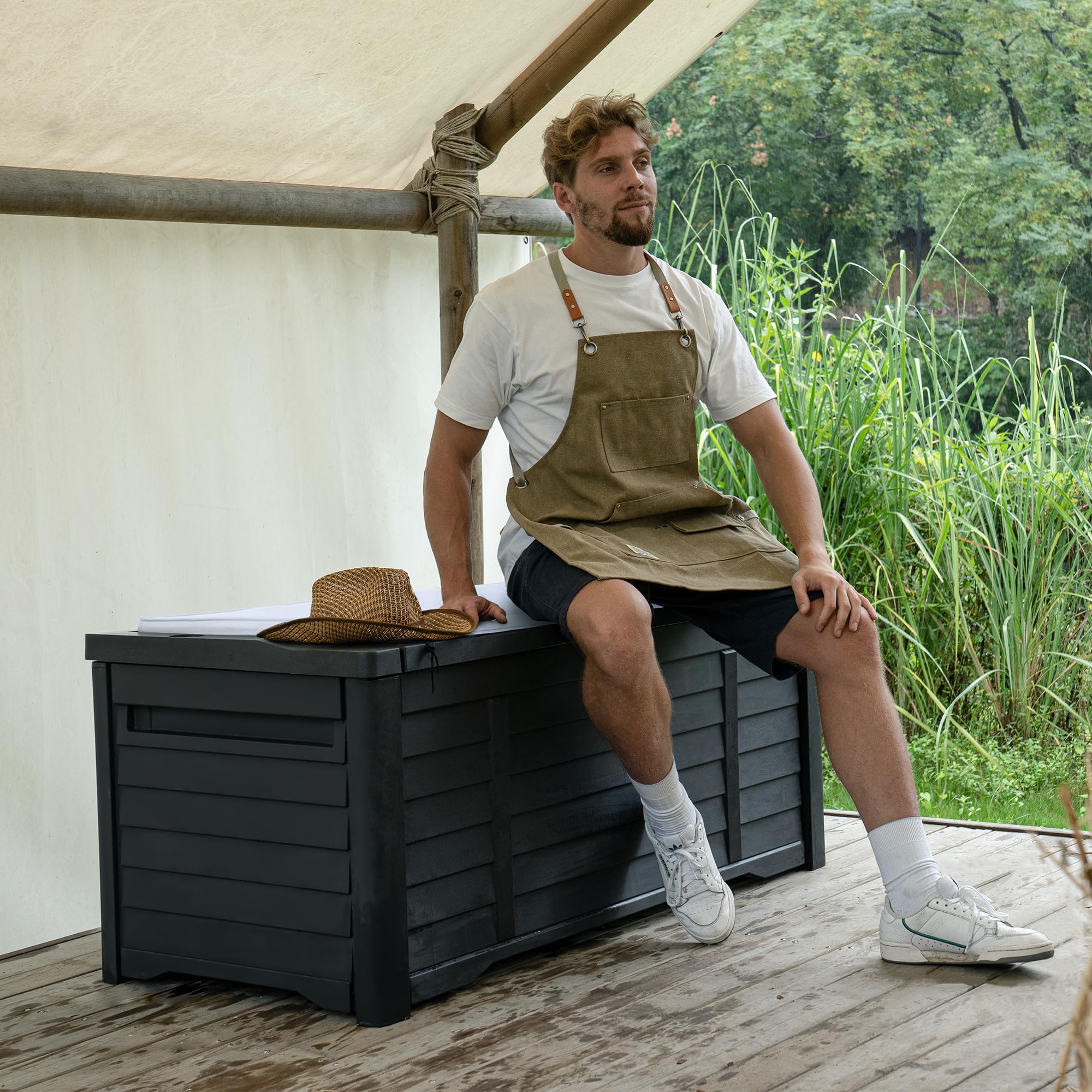 YITAHOME 120 Gallon Large Outdoor Storage Deck Box with Waterproof Cushion & Lockable Lid - Patio Furniture for Pool Supplies, Garden Tools, Cushion Storage - Durable Resin Material in Black - Perfect for Backyard, Deck, and Poolside Organization
