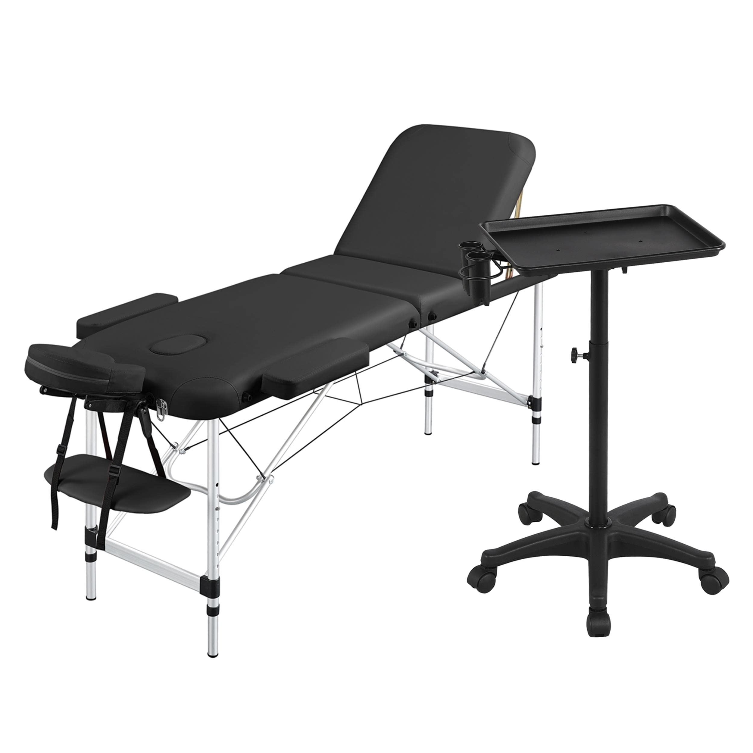 Yaheetech 3-Section Adjustable Aluminum Alloy Massage Table with Black Salon Tray - Portable Spa Bed, Height Adjustable Beauty Treatment Table & Mobile Storage Tray for Professional Massage, Facial, Waxing & Salon Services