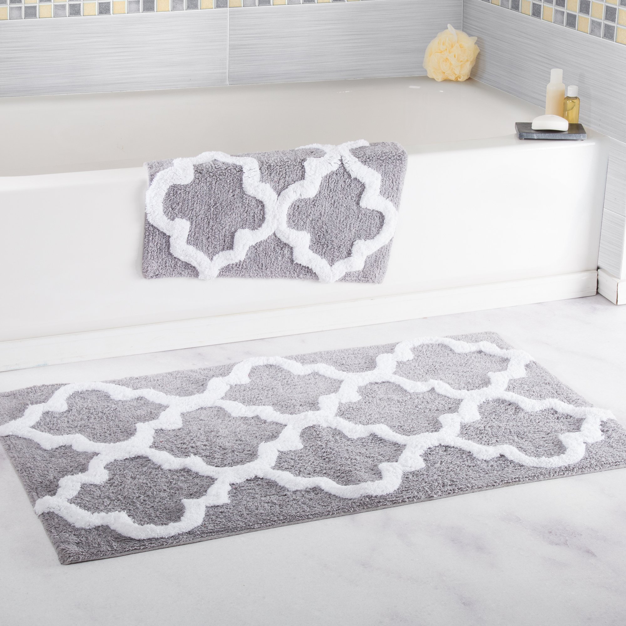 2-Piece Cotton Bathroom Rug Set with Non-Slip Base - Machine Washable Trellis Pattern Bath Mats by Lavish Home (Silver) - Perfect for Bathroom, Shower, and Vanity Areas