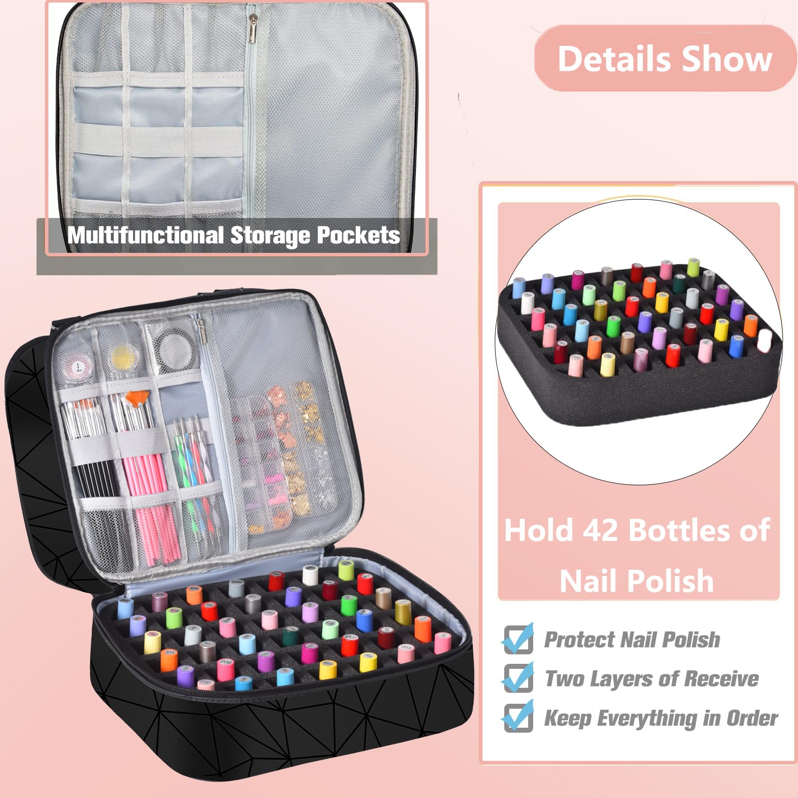 Premium Nail Polish Organizer Case - Holds 42+ Bottles (15ml/0.5 fl.oz) & 1 Nail Lamp, Double-Layer Portable Nail Polish Storage Bag with Handles for Salon Professionals & Home Manicures (Black) - Perfect for Travel, Nail Techs & DIY Enthusiasts