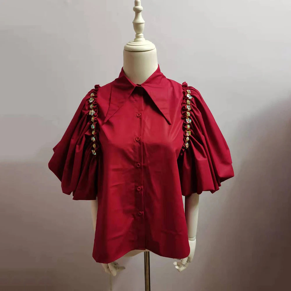 Stylish Black Casual Shirt for Women - Lapel Lantern Sleeve Patchwork Diamond Design Blouse | Perfect for Office, Dating & Everyday Wear