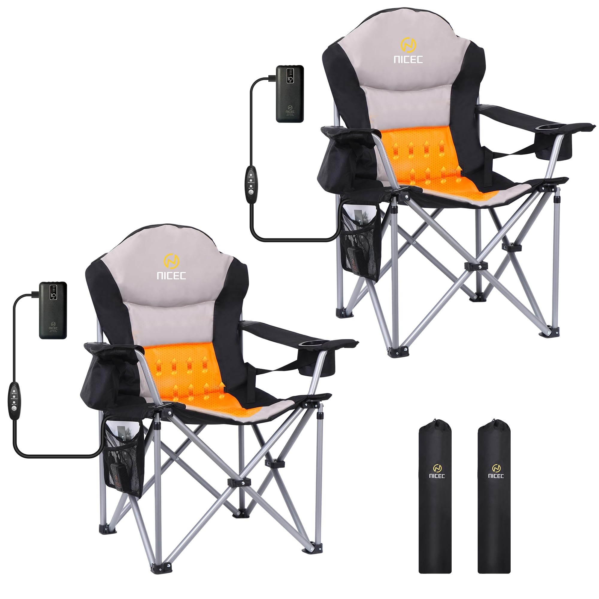 Premium Outdoor Heated Chair - Portable Electric Camping Chair with Thick Padding, Heavy Duty Cooler, Carry Bag & Side Pockets - Includes 10000mAh Power Bank (2 Pack) - Perfect for Beach, Backyard, Picnics & Winter Camping