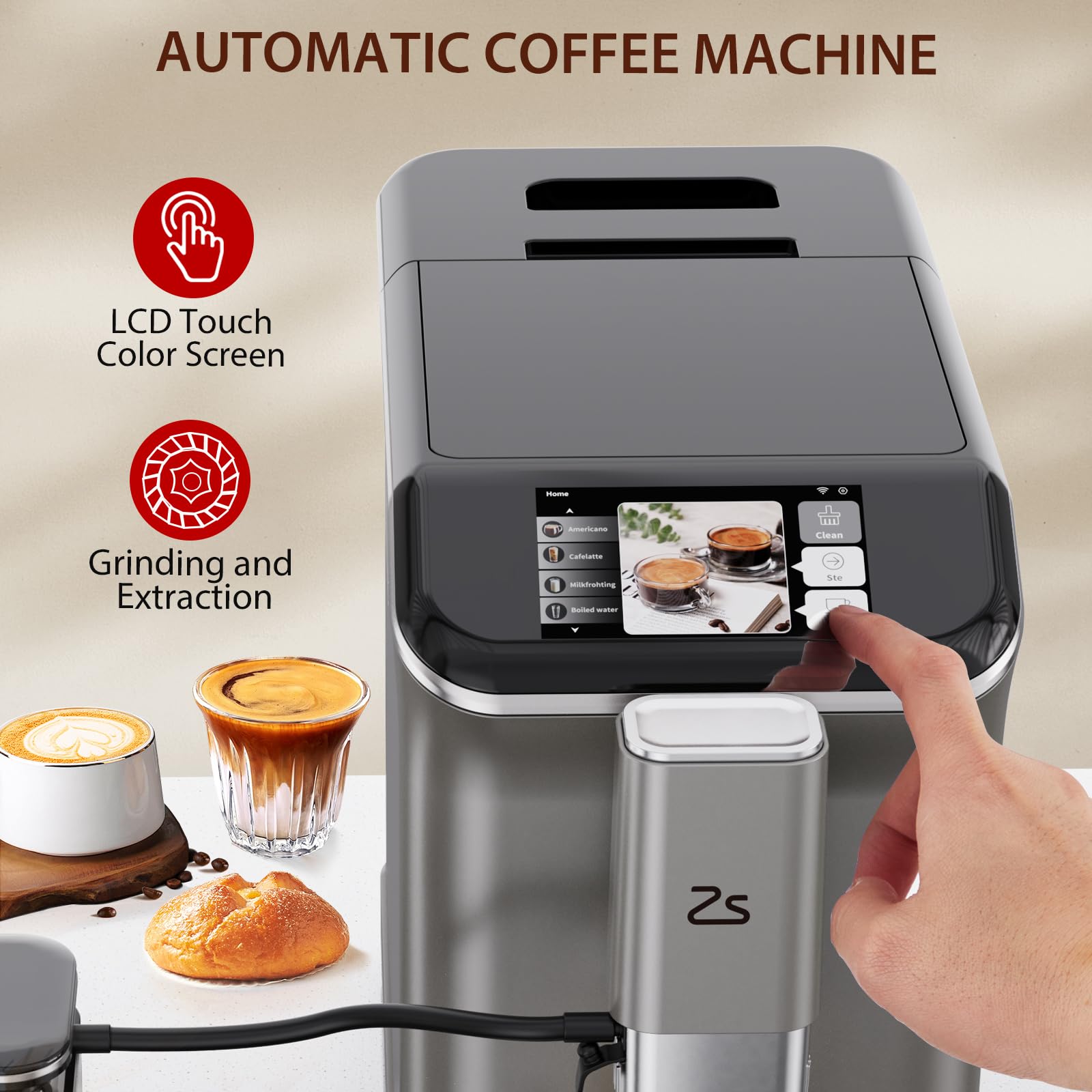 Zstar Fully Automatic Espresso Machine with Built-in Grinder & Milk Frother - 20 Bar Pressure, 7 Programmable Coffee Options, 1.5L Water Tank, Touch Display - Perfect for Home, Office & Coffee Shops