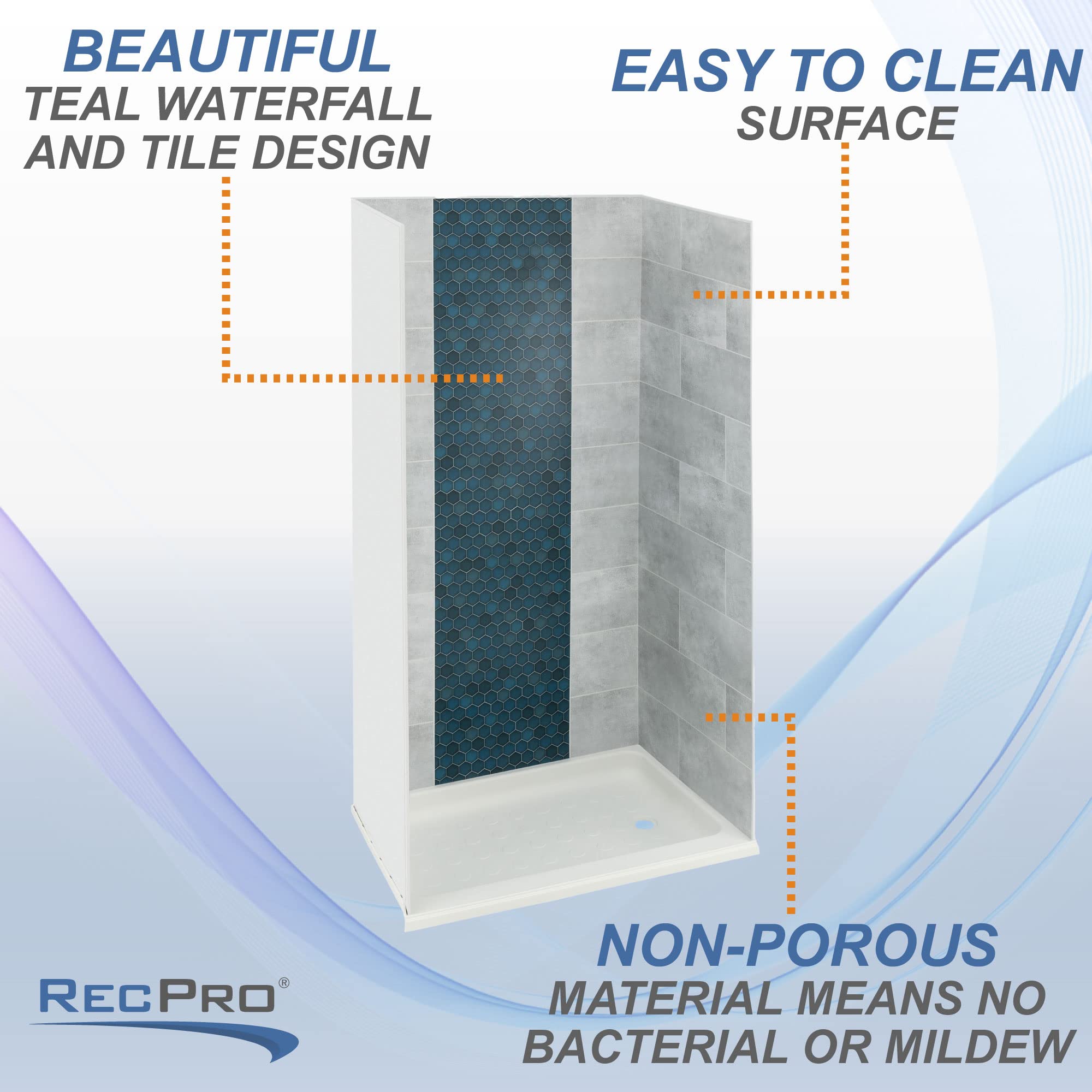 RecPro RV Shower Surround - One Piece ABS Design, No Grout or Adhesive Needed, Easy to Clean (Teal Waterfall Accent, 36