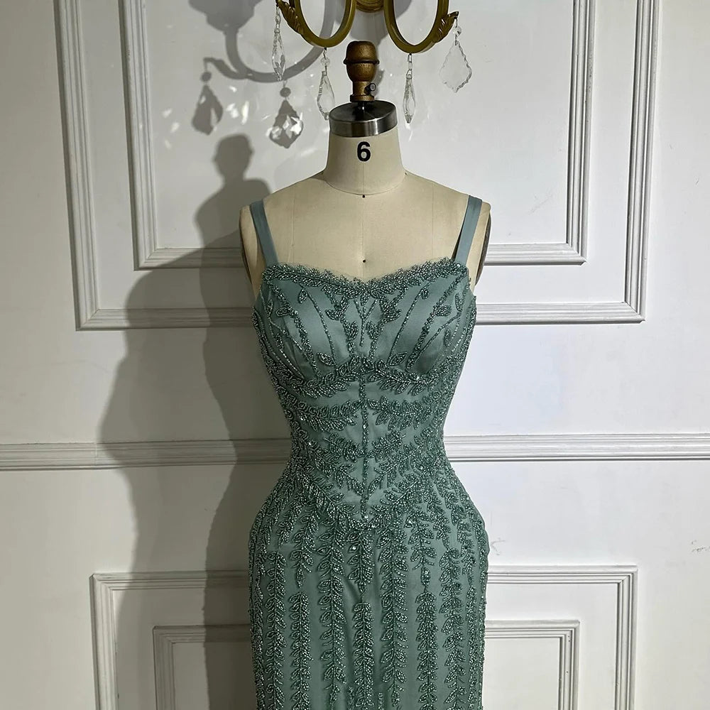 Luxury Dubai Arabic Blue Spaghetti Strap Mermaid Gown - Beaded Saudi Evening Dress for Formal Occasions, Weddings, Prom & Special Events LA72725