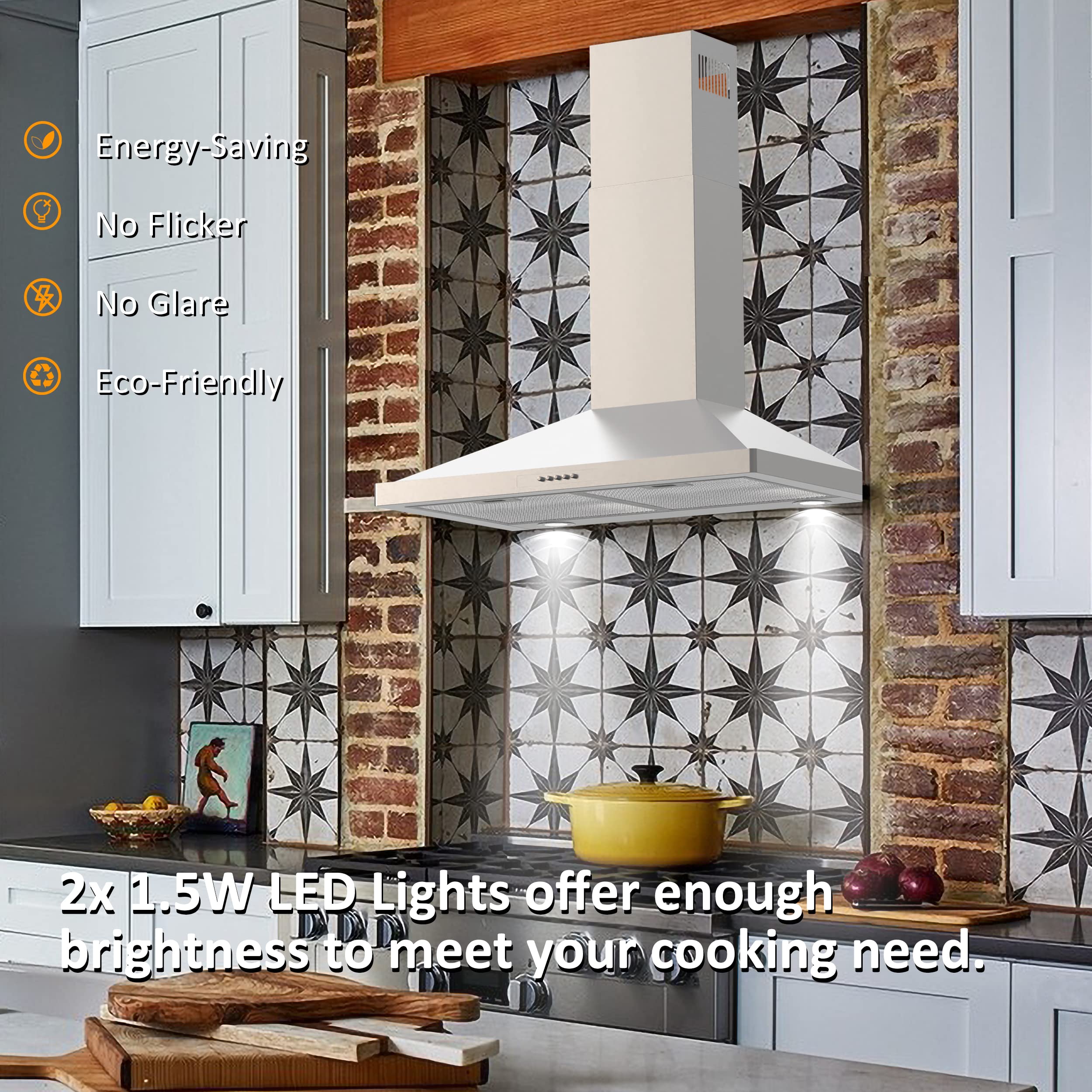 FIREGAS 30-inch Wall Mount Range Hood - 400 CFM Stainless Steel Kitchen Vent Hood with 3-Speed Exhaust Fan | Ducted/Ductless Convertible Design, LED Lights & Push Button Controls | Includes Charcoal Filters - Perfect for Modern Kitchens & Home Renovations