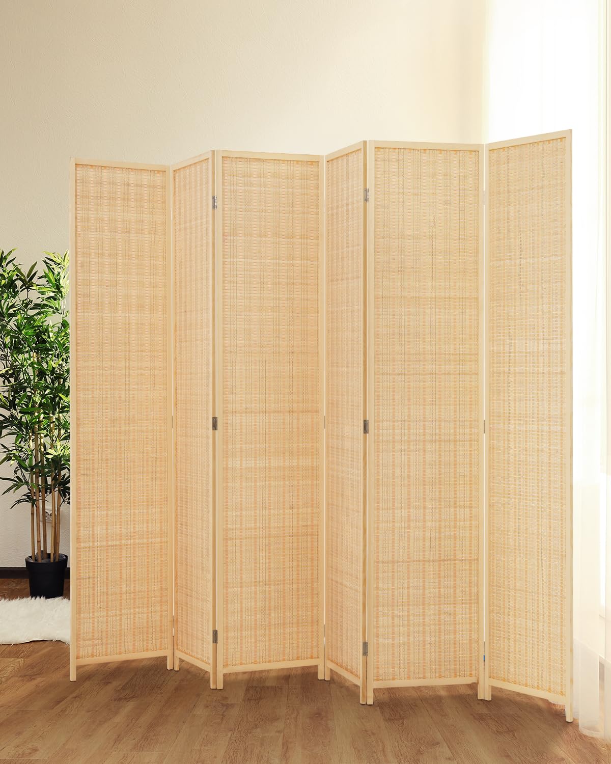 JOSTYLE 6-Panel Bamboo Room Divider - 6ft Tall Folding Privacy Screen for Home & Office | Freestanding Partition Wall for Room Separation, Space Division & Decoration | Perfect for Bedrooms, Living Rooms, Yoga Studios & Event Spaces (Beige)