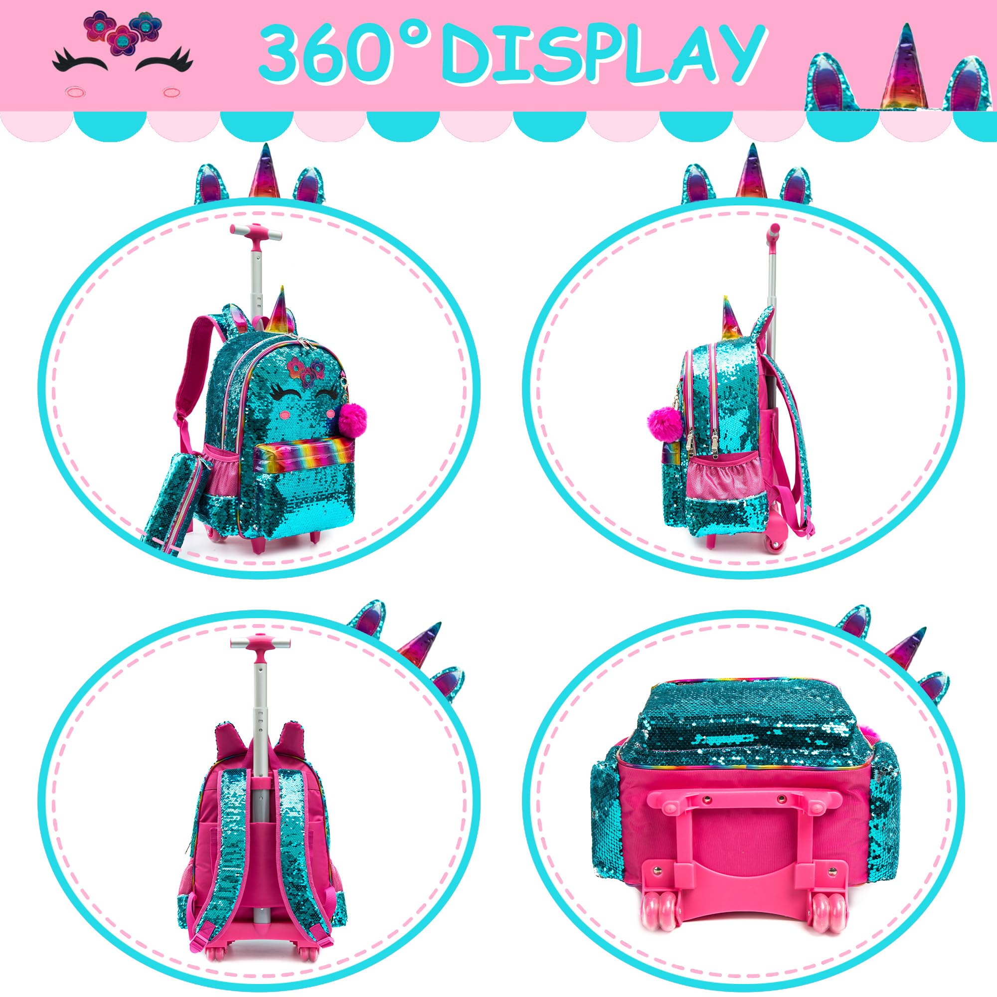 **Meetbelify Unicorn Rolling Backpack for Girls 6-8 Years Old - Sparkly Sequin Travel Luggage with Wheels, Lunch Box & Pencil Case - Perfect for School, Travel & Sleepovers**