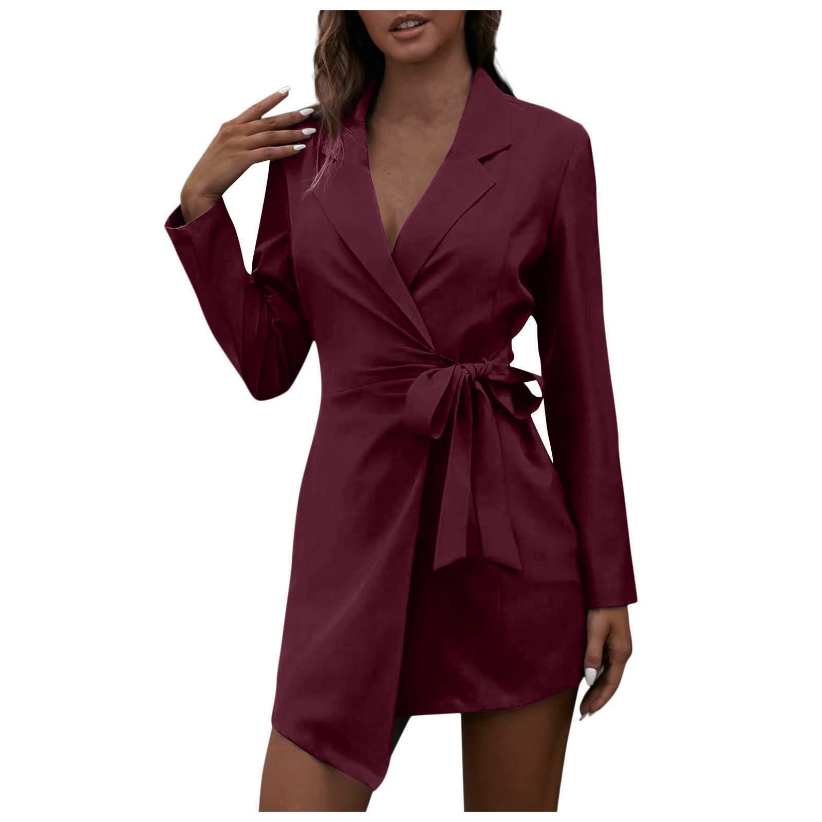 Elegant Women's Summer Formal Dresses - Solid Color Slim Fit Tie Waist Long Sleeve Casual Dress for Beach, Wedding, Party & Office Wear