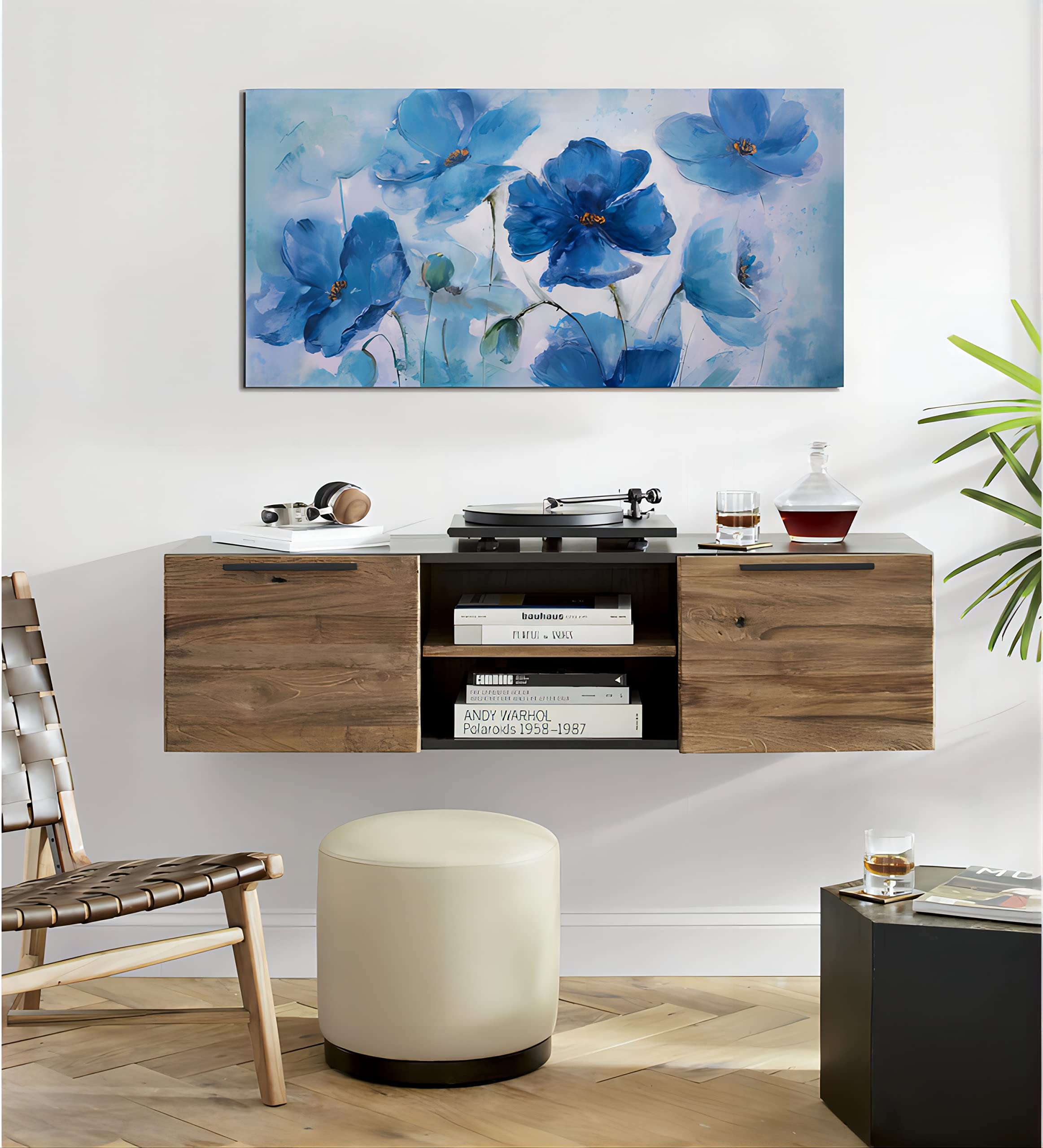 Large Blue Floral Canvas Wall Art - 24x48 Inch Framed Abstract Flower Print, Modern Home Decor for Bedroom & Living Room | Ready to Hang | Perfect for Housewarming Gifts & Interior Design