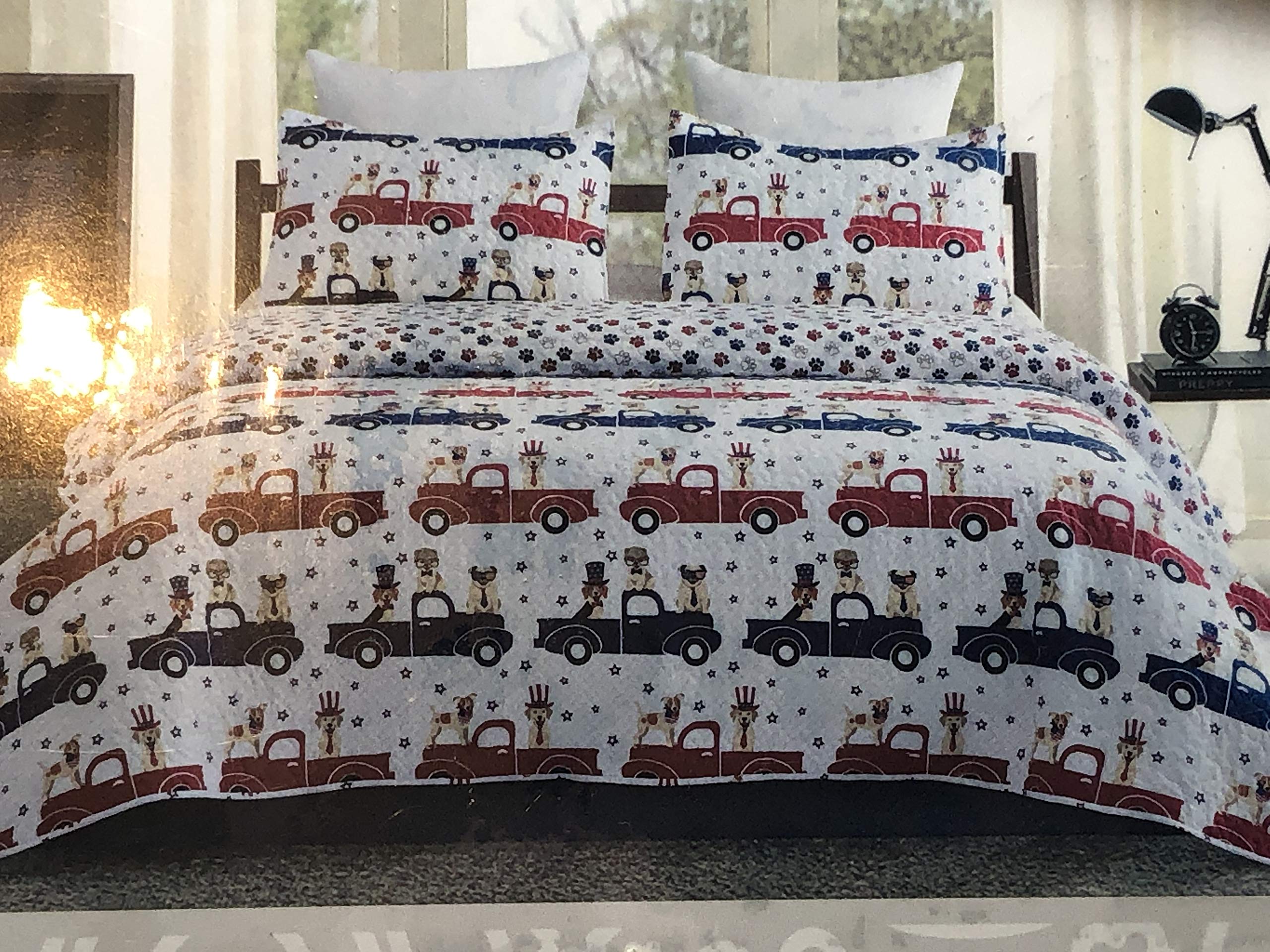 Patriotic Twin Reversible Dog Quilt Set with Matching Sham - American Flag & Dog Parade Design for Pet Lovers | Perfect for Bedroom Decor, Dog Themed Rooms & Cozy Pet-Friendly Homes