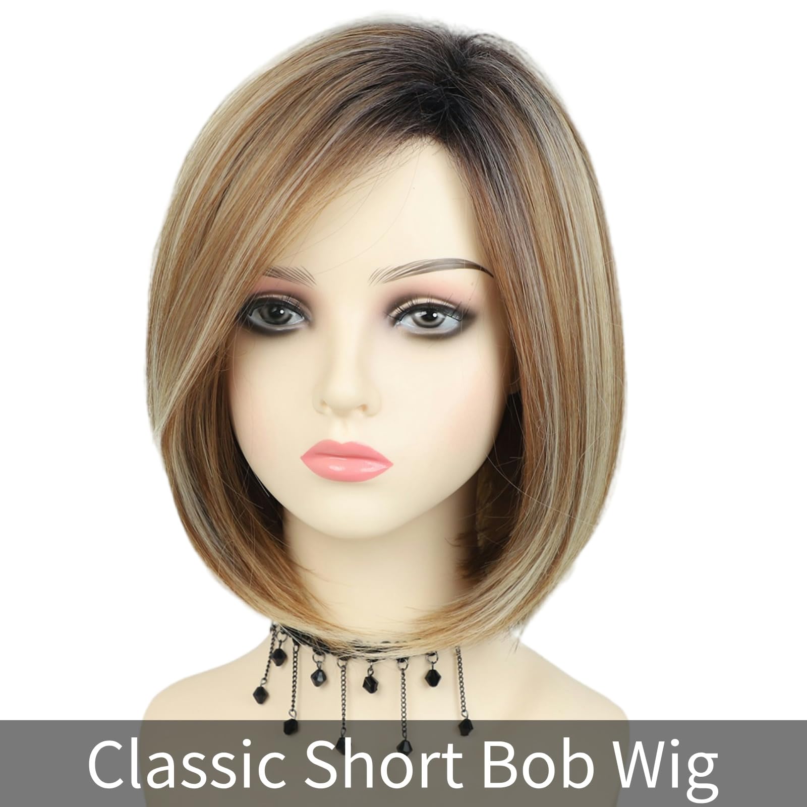 RENERSHOW 12 Inch Short Ombre Blonde Bob Wig for Women - Cute Straight Synthetic Pixie Cut Wig with Mixed Blonde Highlights | Perfect for Cosplay, Halloween, Daily Fashion & Hair Replacement