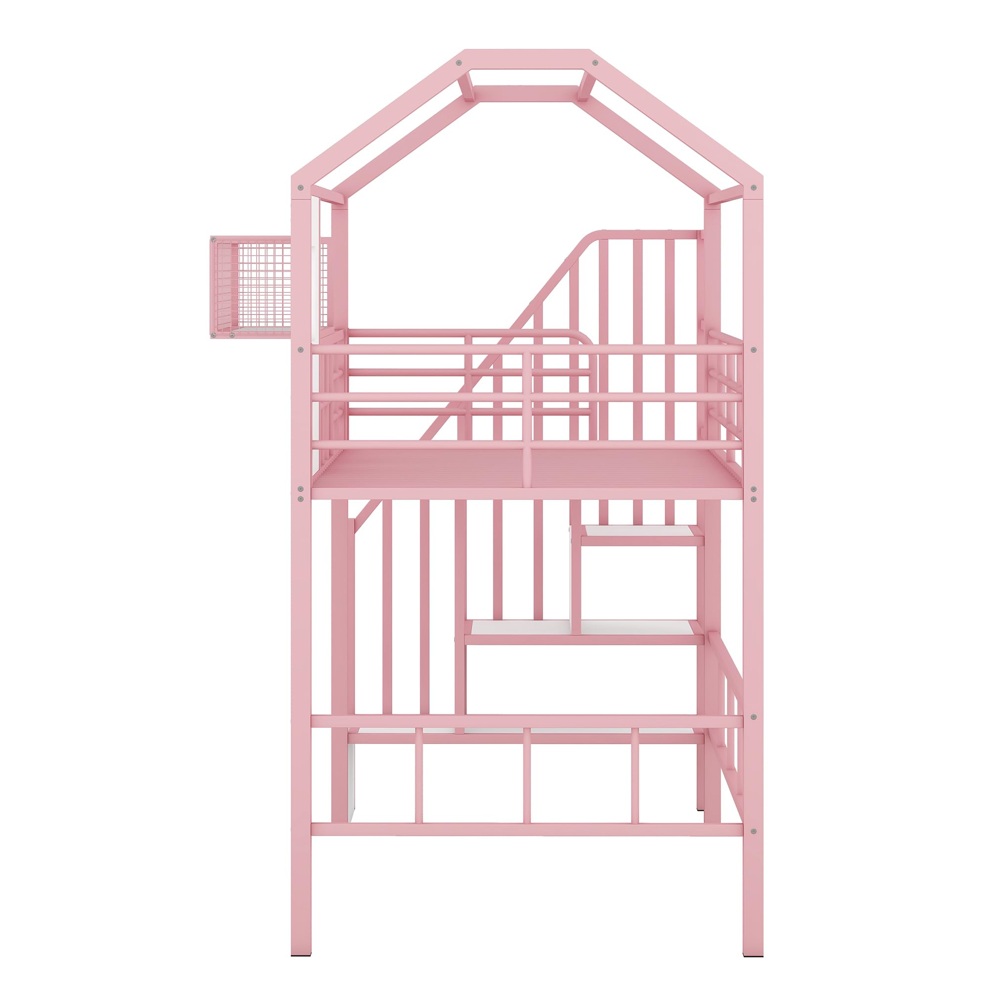 BOVZA Twin Size Loft Bed with Stairs, Roof & Storage - Metal Low Loft Bed Frame with Safety Guardrails for Kids & Teens - Pink & White - Perfect for Small Bedrooms, Dorm Rooms & Kids' Play Areas