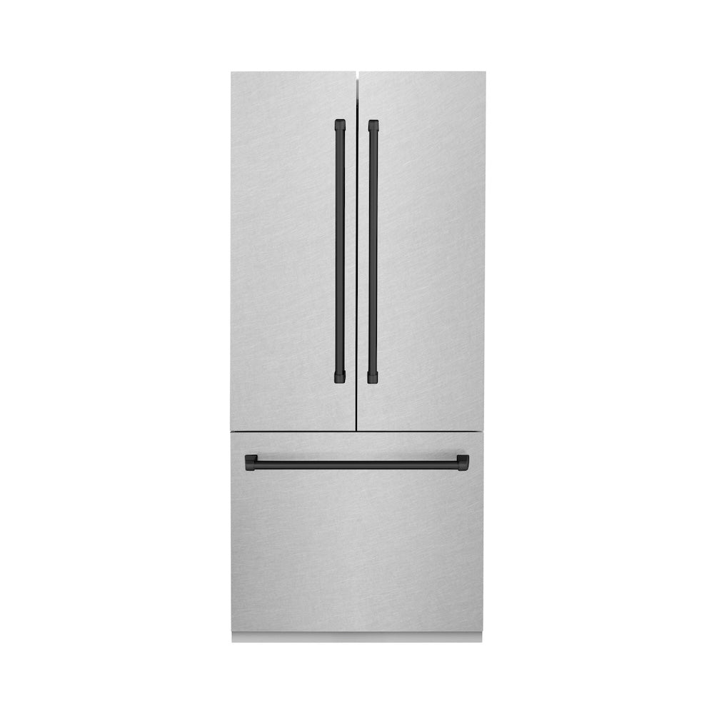 ZLINE Autograph Edition 36 Inch French Door Built-In Refrigerator with Bottom Freezer - 19.6 cu.ft Capacity, Water Dispenser & Ice Maker - Satin Stainless Steel with Matte Black Accents (RBIVZ SN 36 MB) - Perfect for Modern Kitchens and Open-Concept Homes