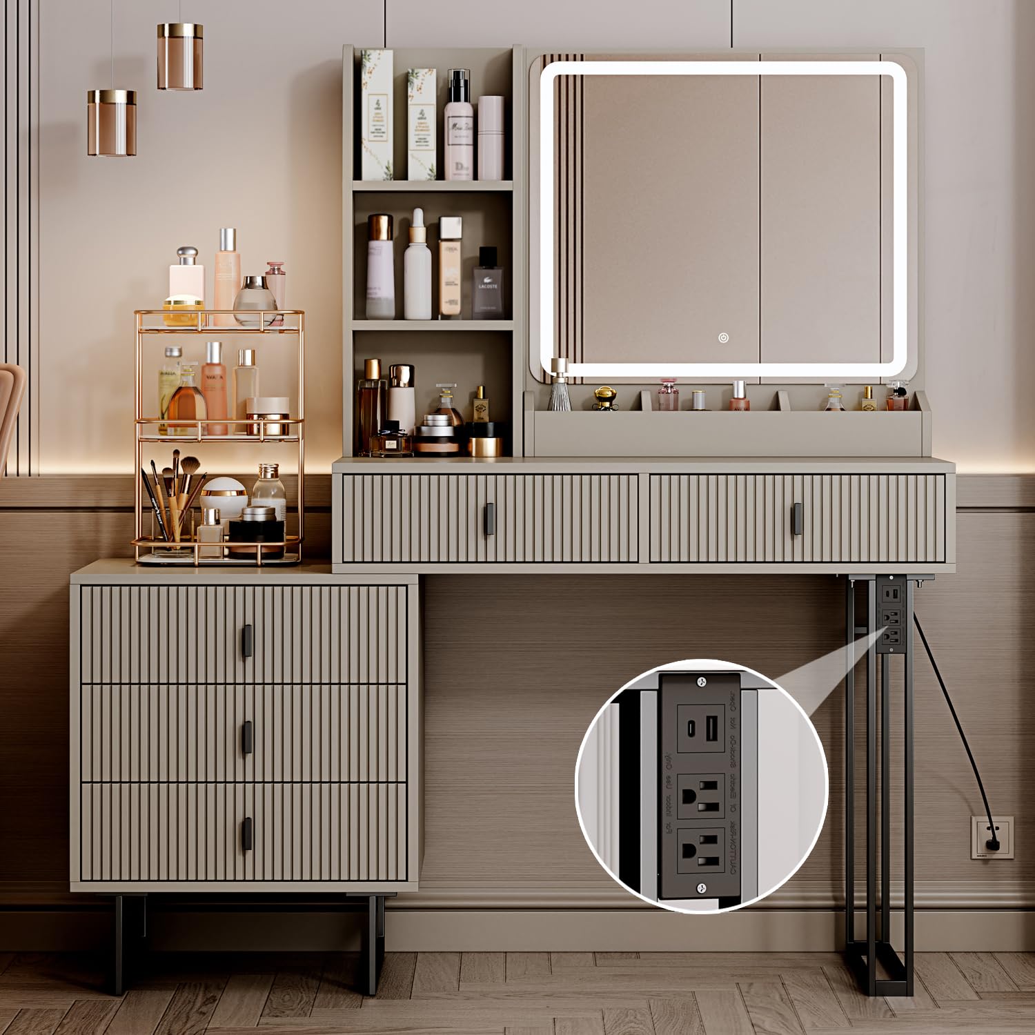 YYJ Large Vanity Desk with 3-Color Touch Screen Dimming Mirror & Charging Station - Modern Retractable Makeup Table with Storage Shelves, Grey - Perfect for Bedroom, Dressing Room & Beauty Salon