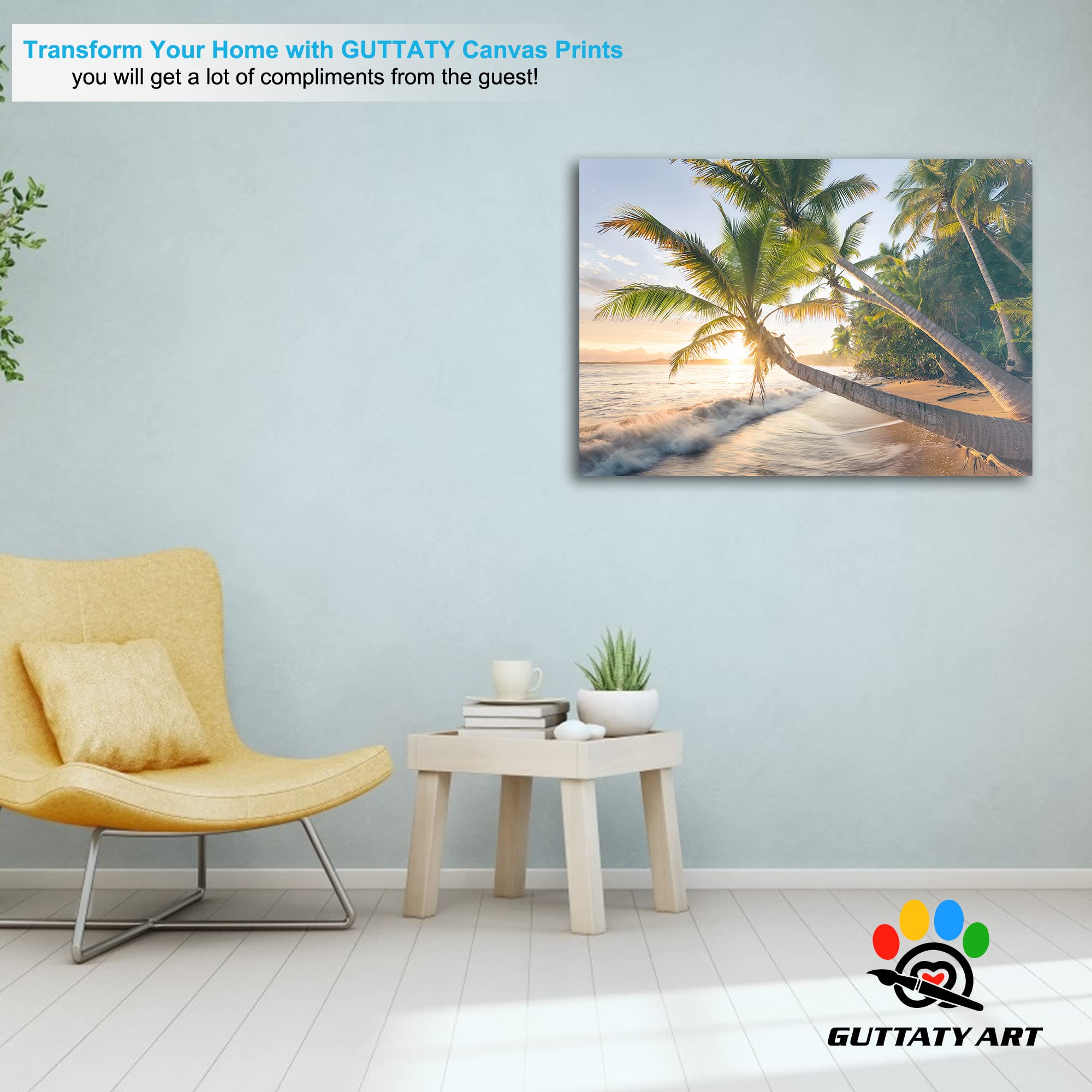 Large Coconut Tree & Beach Canvas Wall Art - Ocean Coastal Painting for Living Room Decor - Framed Seascape Print (28x40 Inches) - Perfect for Beach House, Vacation Home & Coastal Theme Bedrooms
