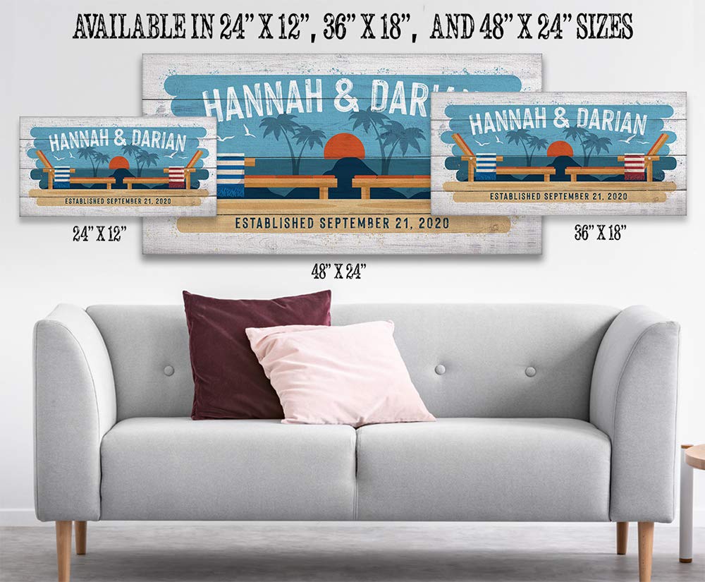 Extra Large 24x48 Personalized Beach Chairs Wood Style Canvas Art - Custom Couples Name Beach Sign, Coastal Decor with Sunset & Palm Tree Print - Perfect for Beach House, Boat & Vacation Home Decor