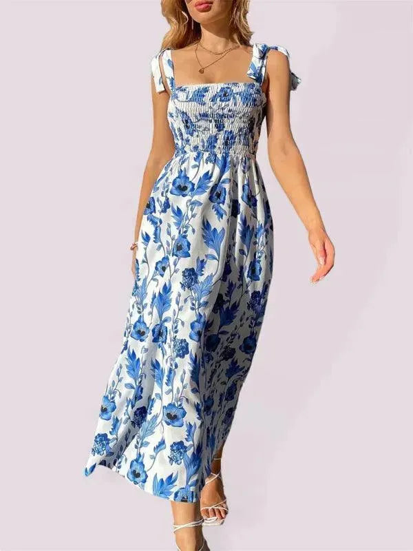 Floral Sleeveless Smocked Dress for Women - Summer Boho Maxi Dress with Elastic Waist - Perfect for Beach Vacations, Garden Parties & Date Nights