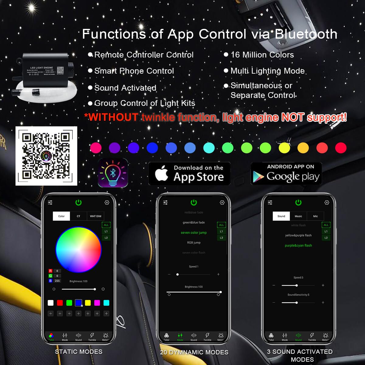 AKEPO 16W Fiber Optic Star Ceiling Light Kit with Music Sync & APP Control - RGBW Sound Sensor LED Light Source for Home & Car Decor, Includes 28-Key RF Remote & 550pcs 0.75mm Fiber Cable (13.1ft/4m) - Perfect for Bedroom, Theater, Party & Relaxation Lighting