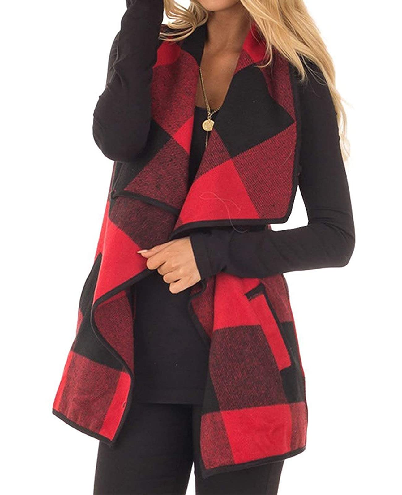 Women's Buffalo Plaid Sweater Vest in Red - Cozy Knit Cardigan for Fall & Winter Layering, Casual Outfits and Outdoor Activities
