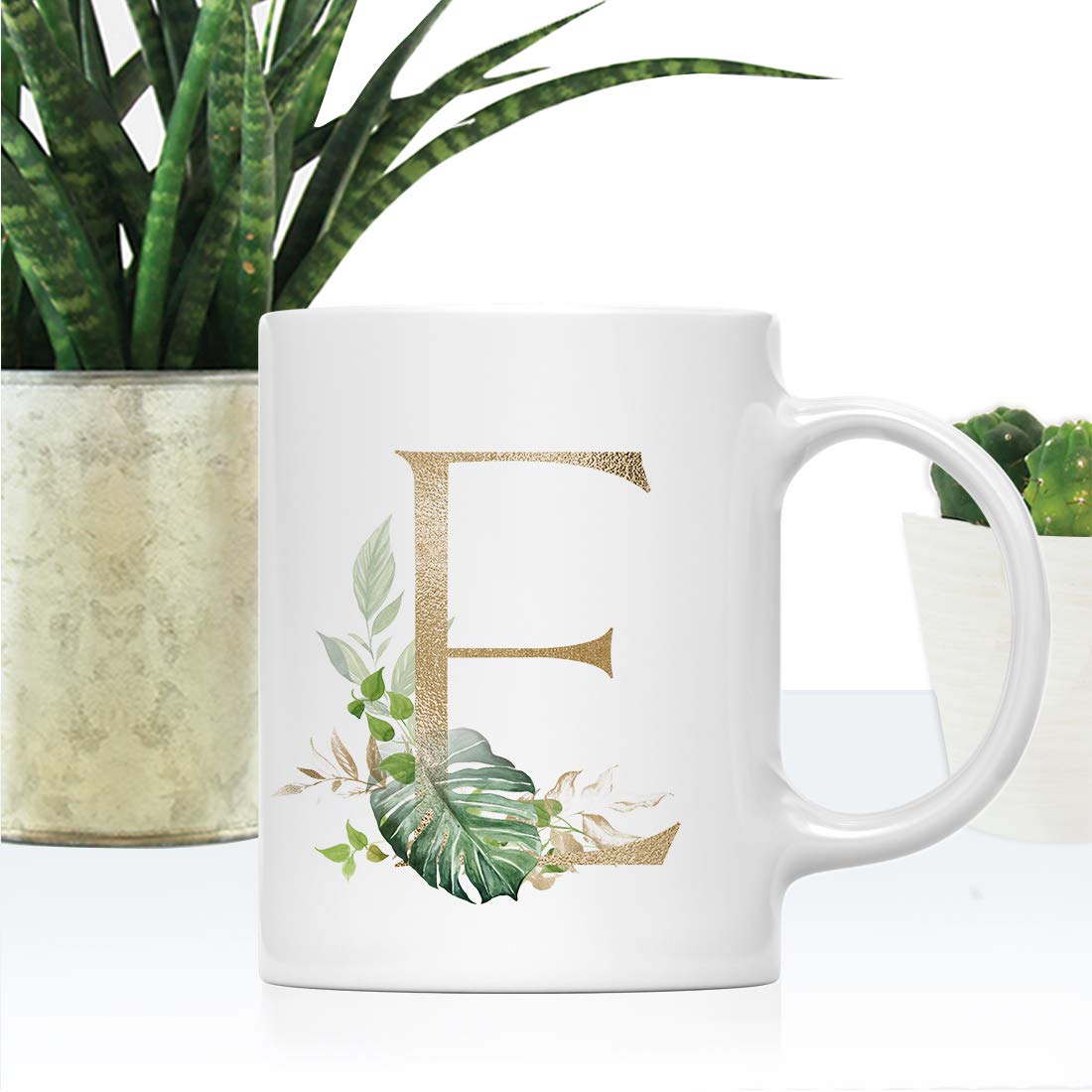 Andaz Press 11oz Ceramic Coffee Mug with Gold Monogram Letter E & Green Palm Leaves - Tropical Themed Tea Cup for Birthday, Bridesmaid Gift, Christmas - Perfect for Home, Office, or Gift Giving