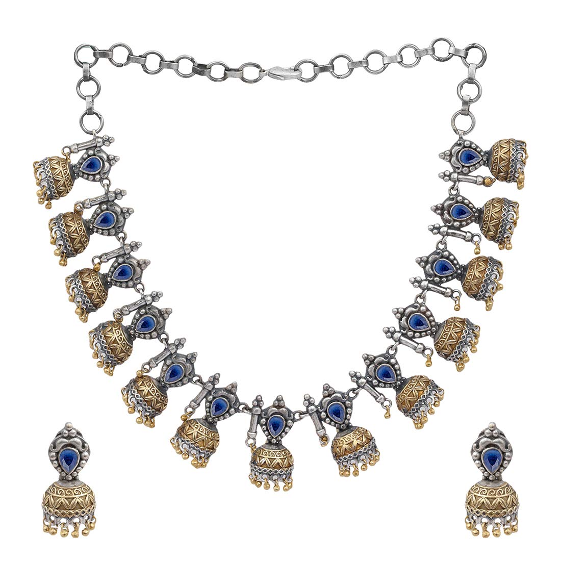 Antique German Silver Plated Dual Tone Oxidized Choker Necklace & Earrings Set with Blue Kundan Stones for Women & Girls | Boho Vintage Jewelry for Parties, Weddings & Special Occasions