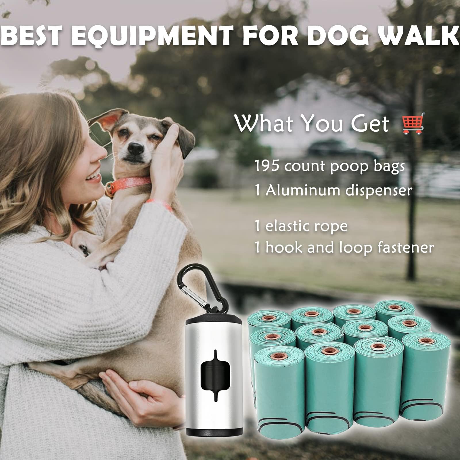 Durable Aluminum Dog Poop Bag Holder with Carabiner Clip - Metal Pet Waste Dispenser with Hook & Loop Fastener, Elastic Cord for Used Bags (Silver, Includes 195 Bags) - Perfect for Walking, Hiking, and Outdoor Adventures with Your Dog