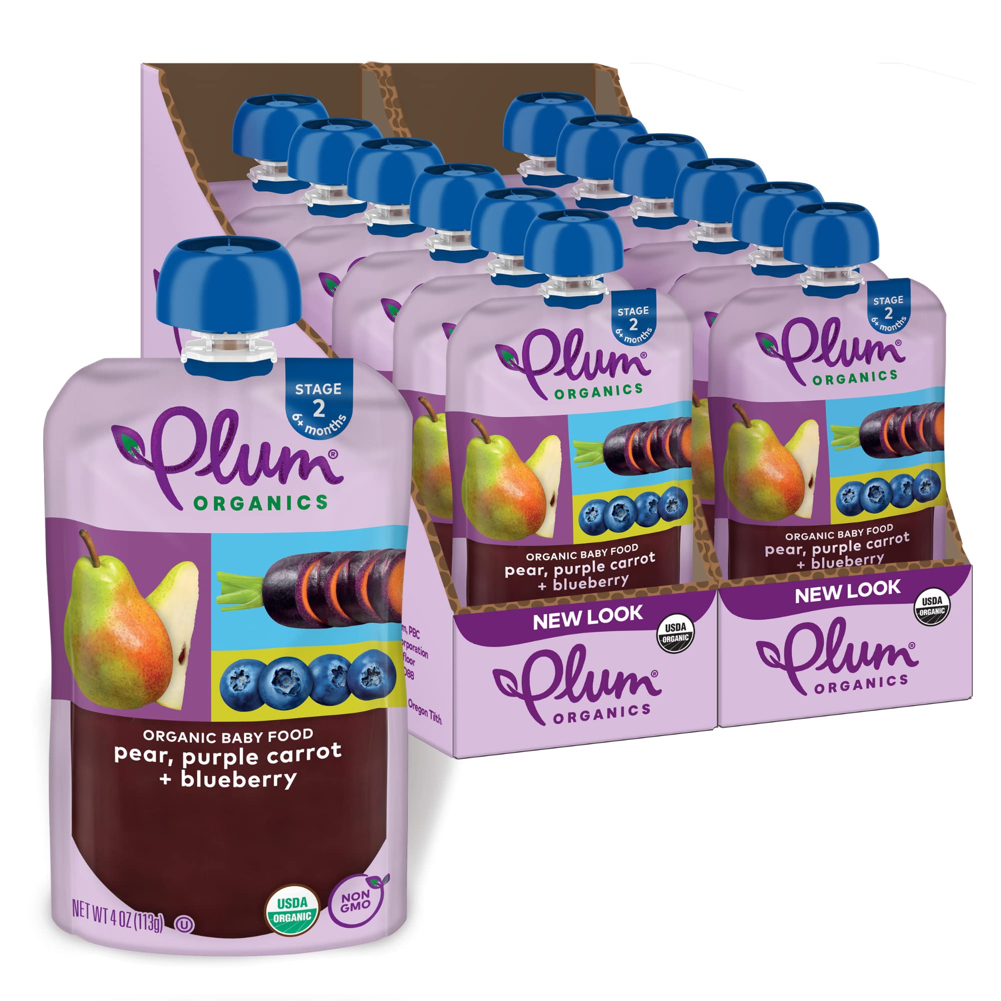Organic Plum Stage 2 Baby Food - Pear, Purple Carrot & Blueberry Blend - 4oz Pouch (Pack of 12) | USDA Certified | Non-GMO | Easy Squeeze Pouch for On-the-Go Feeding | Perfect for Travel, Daycare & Snack Time